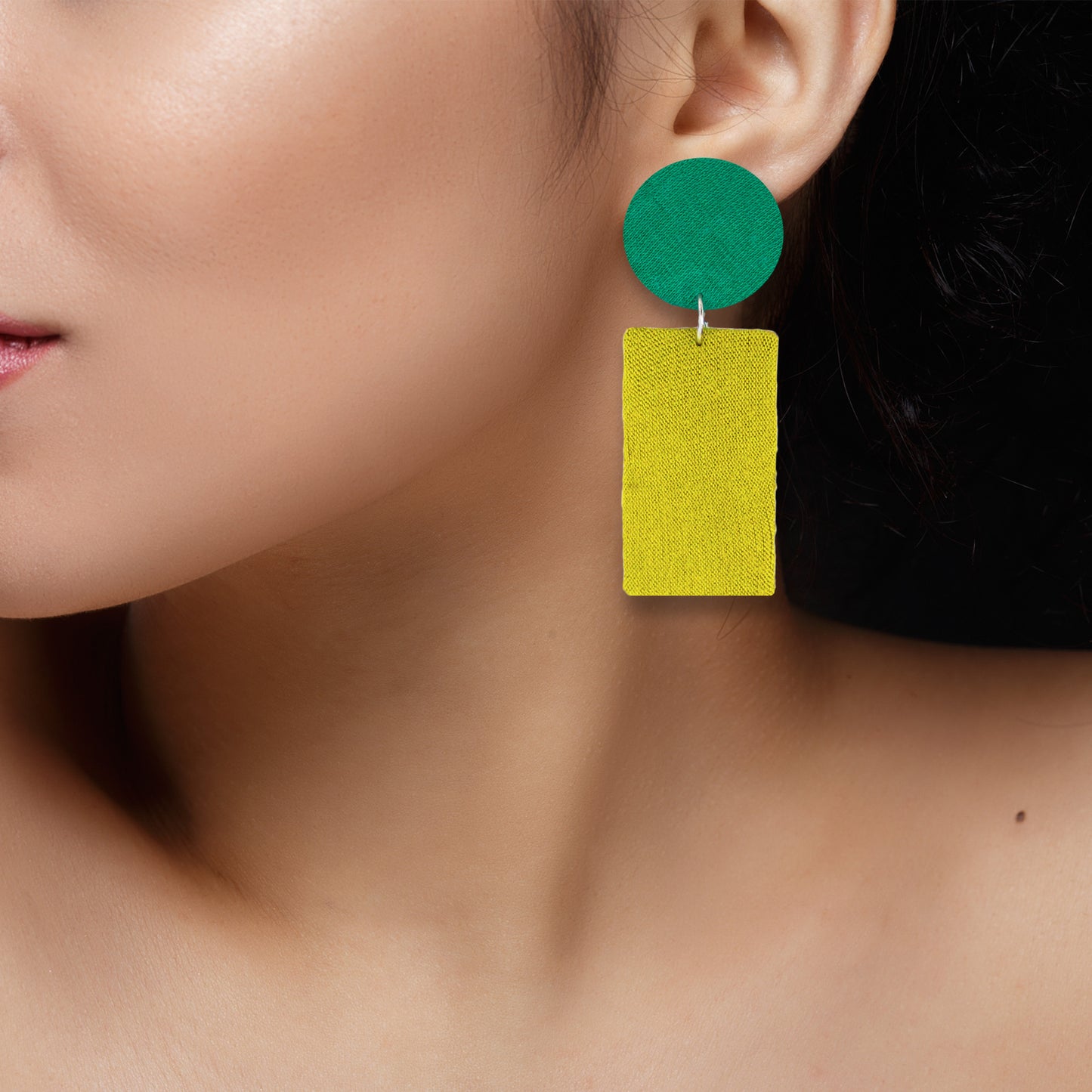 Organic Vibes Handmade Geometrical Shape Green-Olive Dangler Fabric Earrings For Women