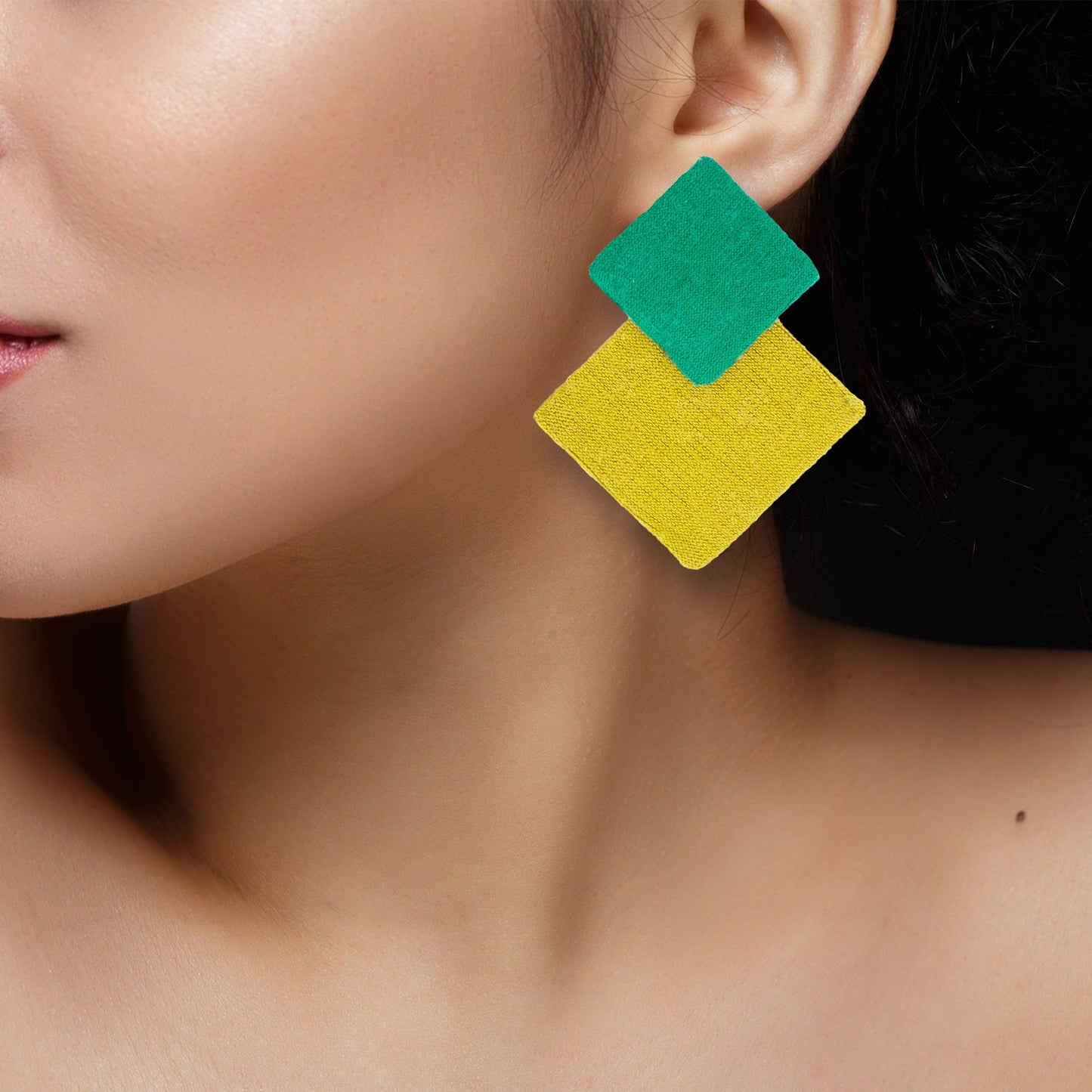 Organic Vibes Handmade Geometrical Shape Yellow-Green Stud Fabric Earrings For Women