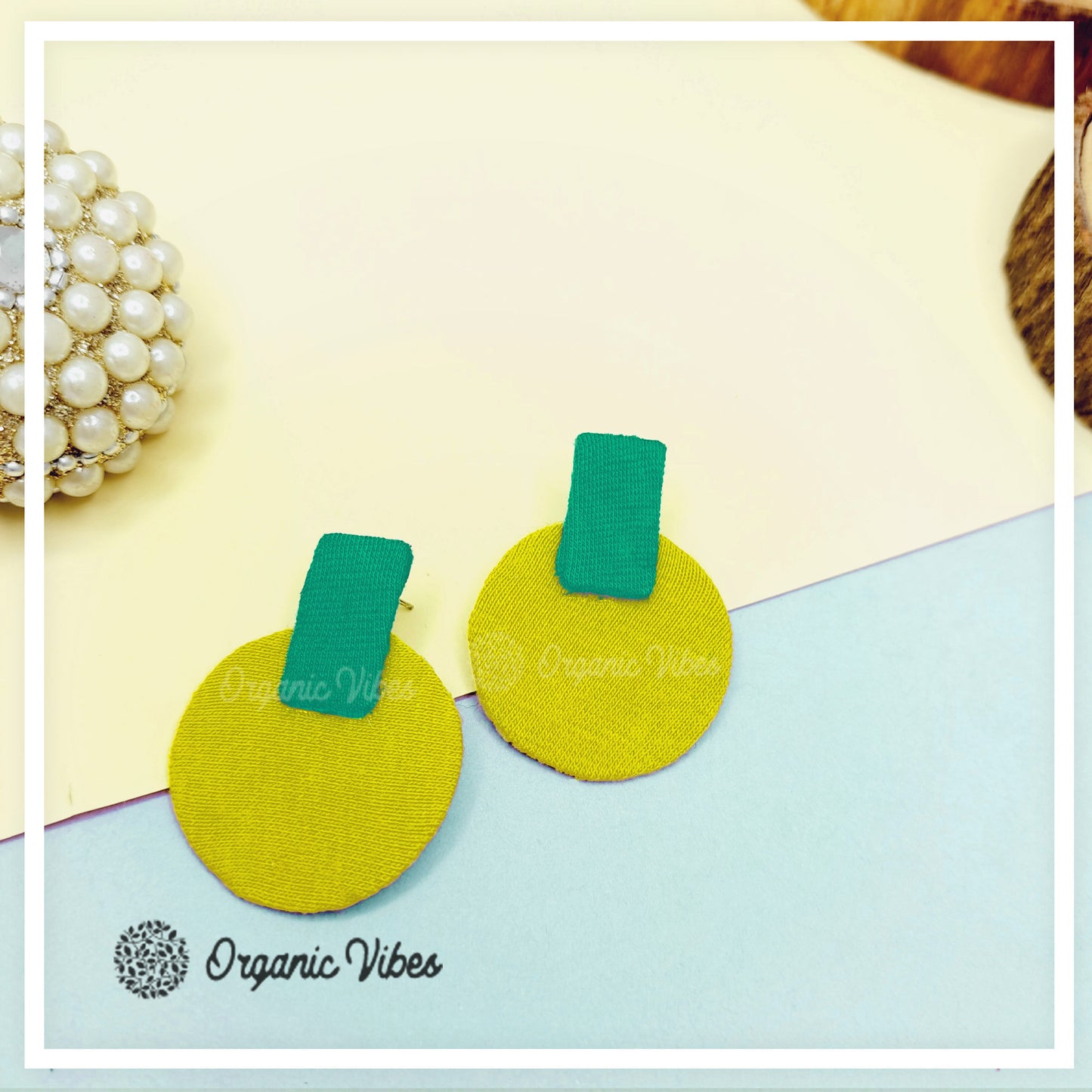 Organic Vibes Handmade Geometrical Green-Olive Shape Antique Stud Fabric Earrings For Women