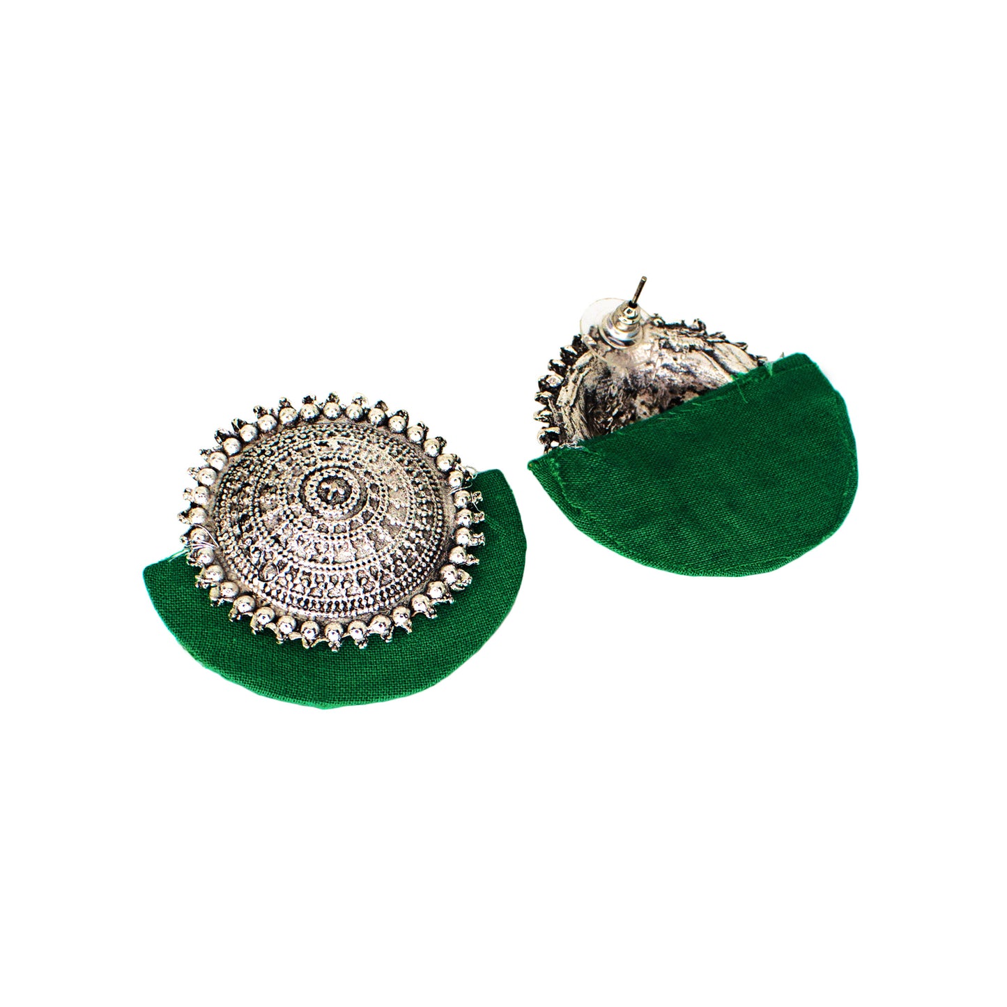 Organic Vibes Handmade Temple Design Green Big Stud Fabric Earrings For Women