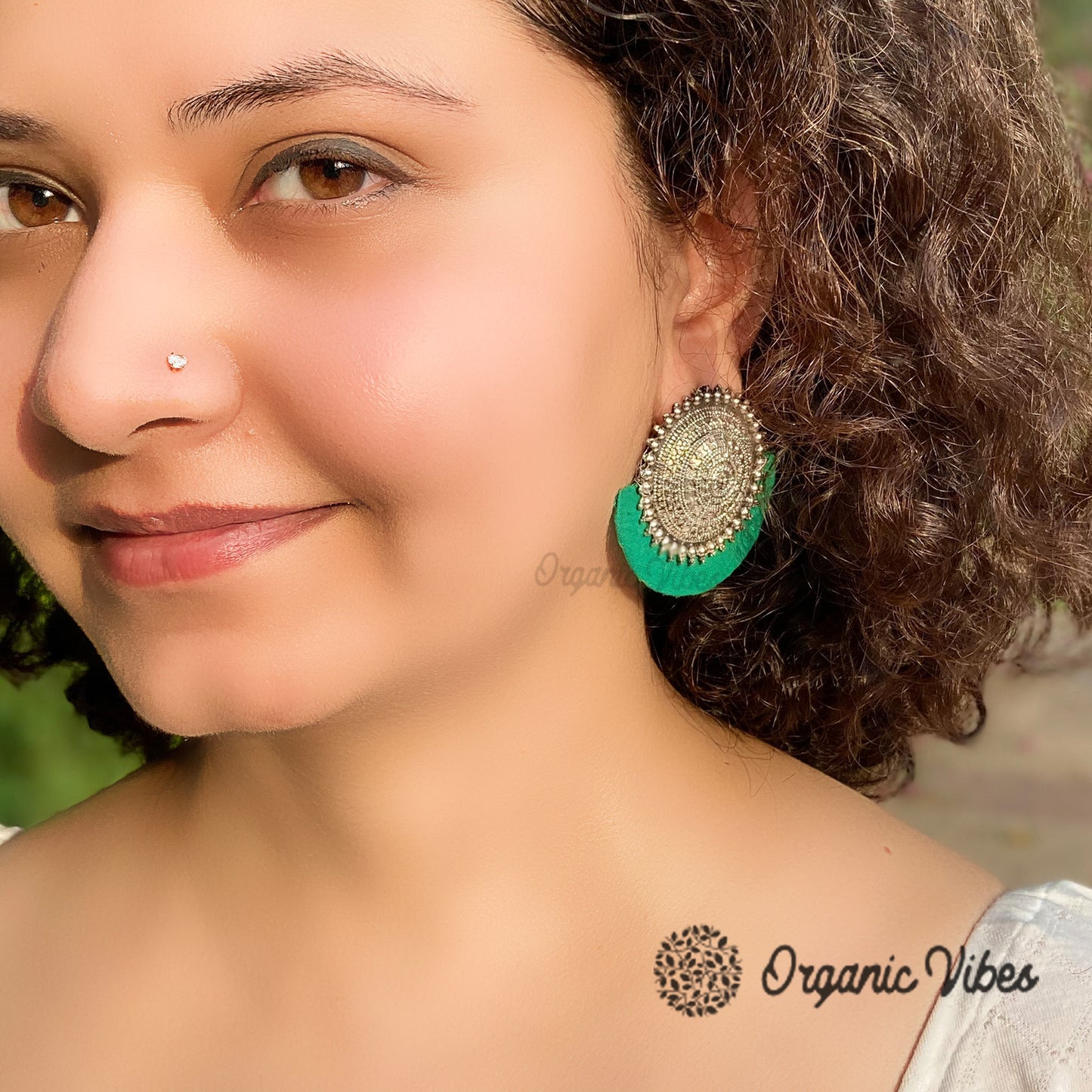 Organic Vibes Handmade Temple Design Green Big Stud Fabric Earrings For Women