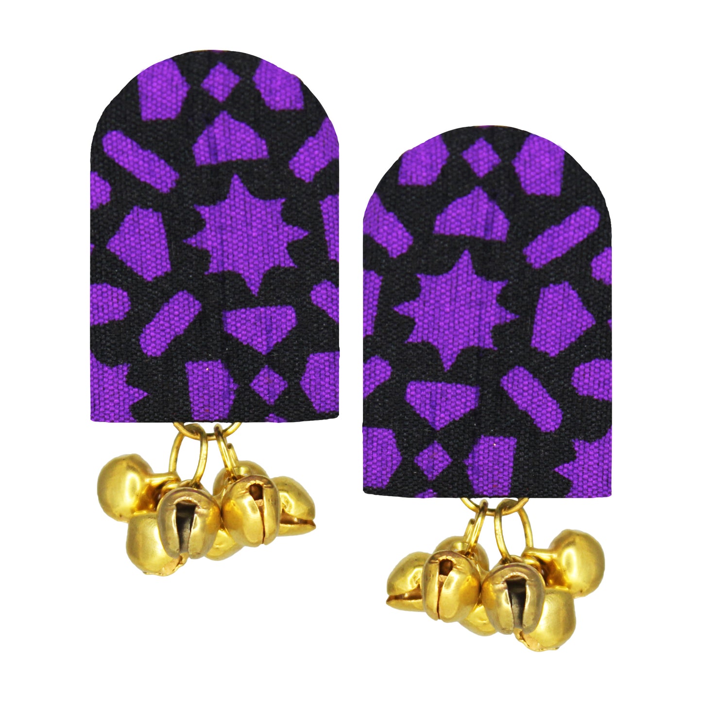 Organic Vibes Handmade Trendy Black-Purple Print With Golden Ghungroo Fabric Earrings For Women