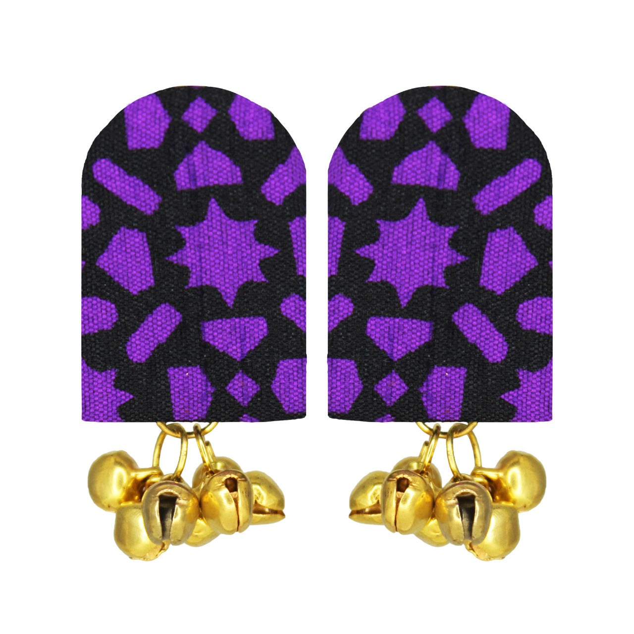 Organic Vibes Handmade Trendy Black-Purple Print With Golden Ghungroo Fabric Earrings For Women