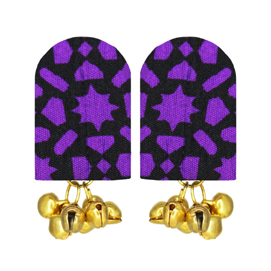 Organic Vibes Handmade Trendy Black-Purple Print With Golden Ghungroo Fabric Earrings For Women