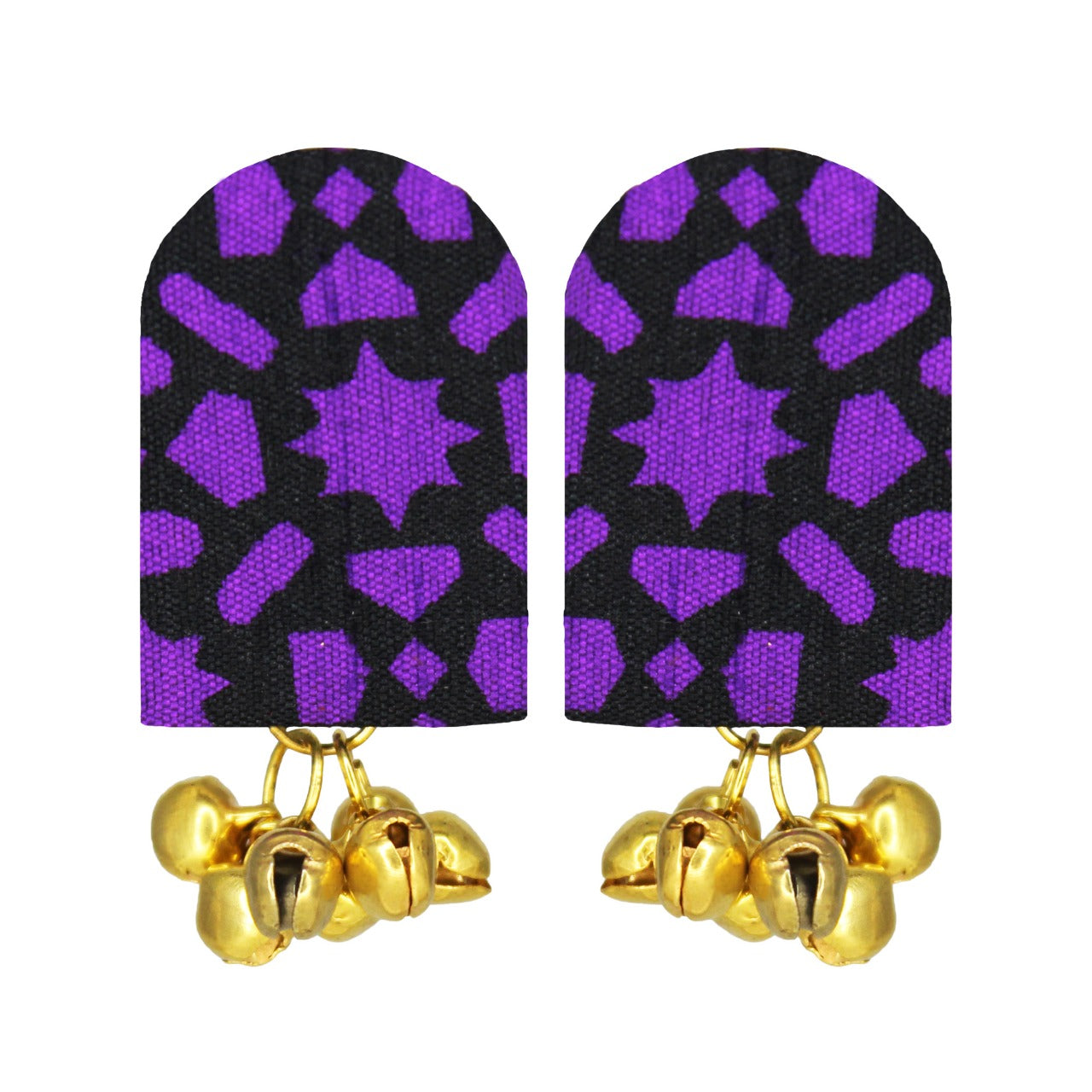 Organic Vibes Handmade Trendy Black-Purple Print With Golden Ghungroo Fabric Earrings For Women