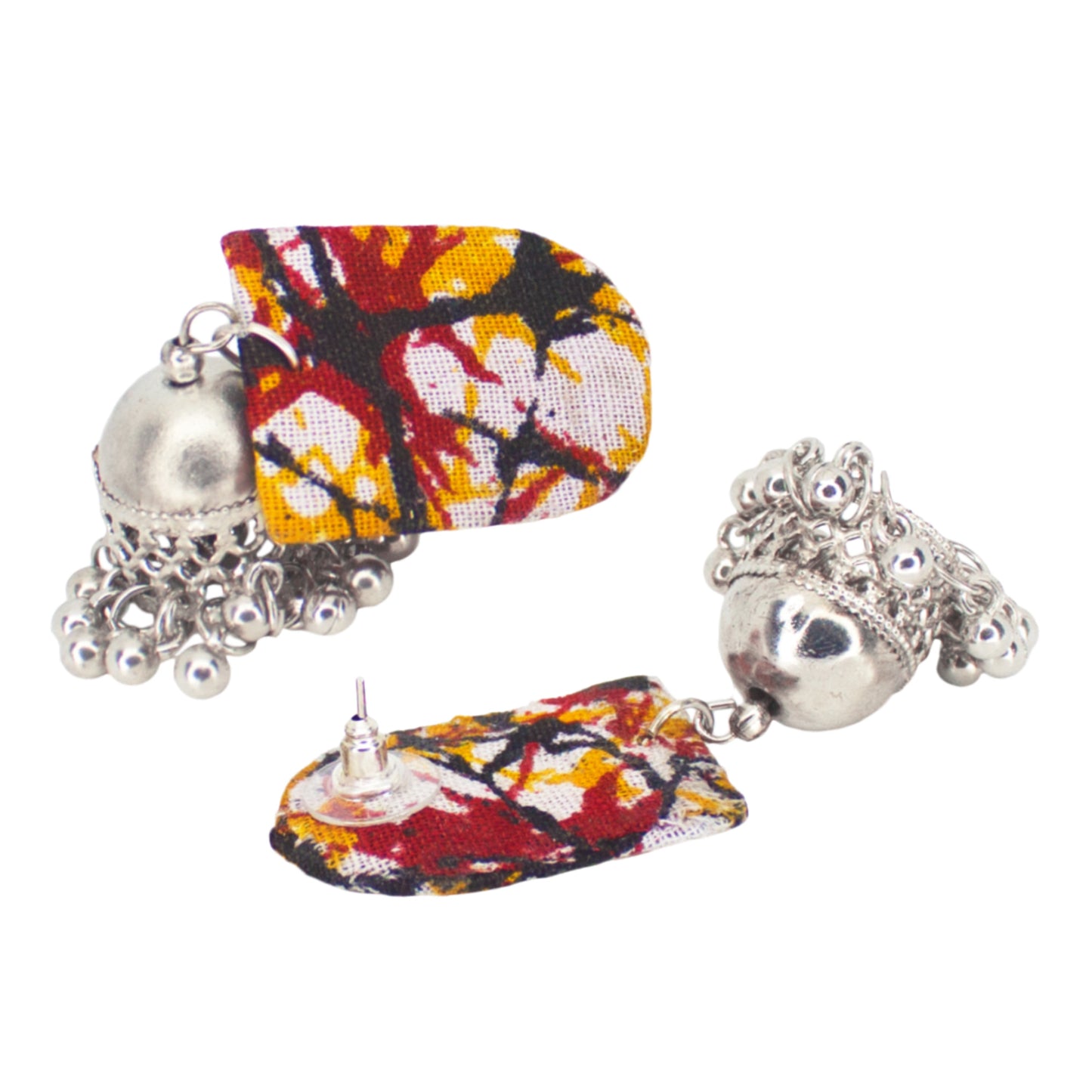 Organic Vibes Handmade Unique Multi Colour Tie Dye Print With Silver Jhumki Fabric Earrings For Women