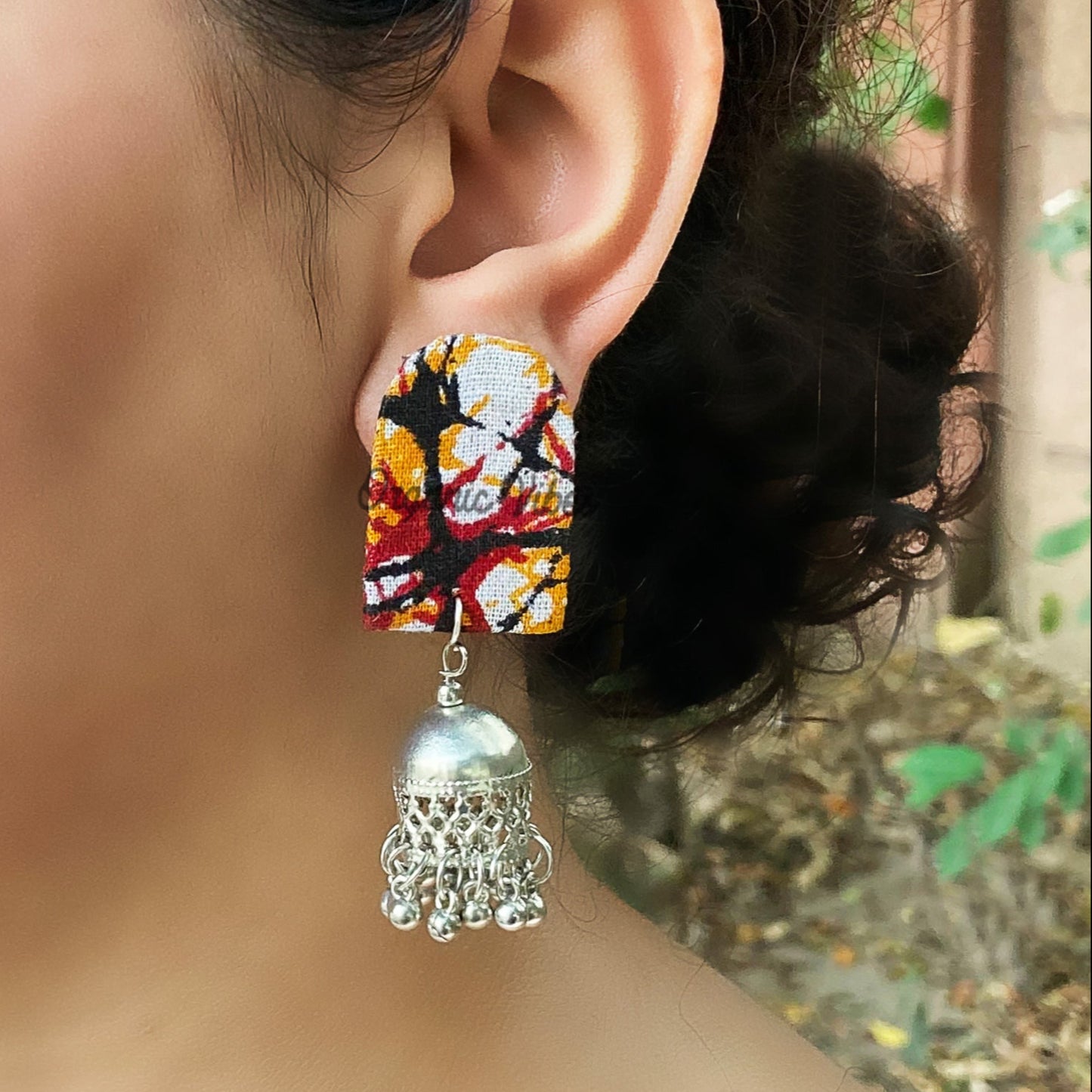 Organic Vibes Handmade Unique Multi Colour Tie Dye Print With Silver Jhumki Fabric Earrings For Women