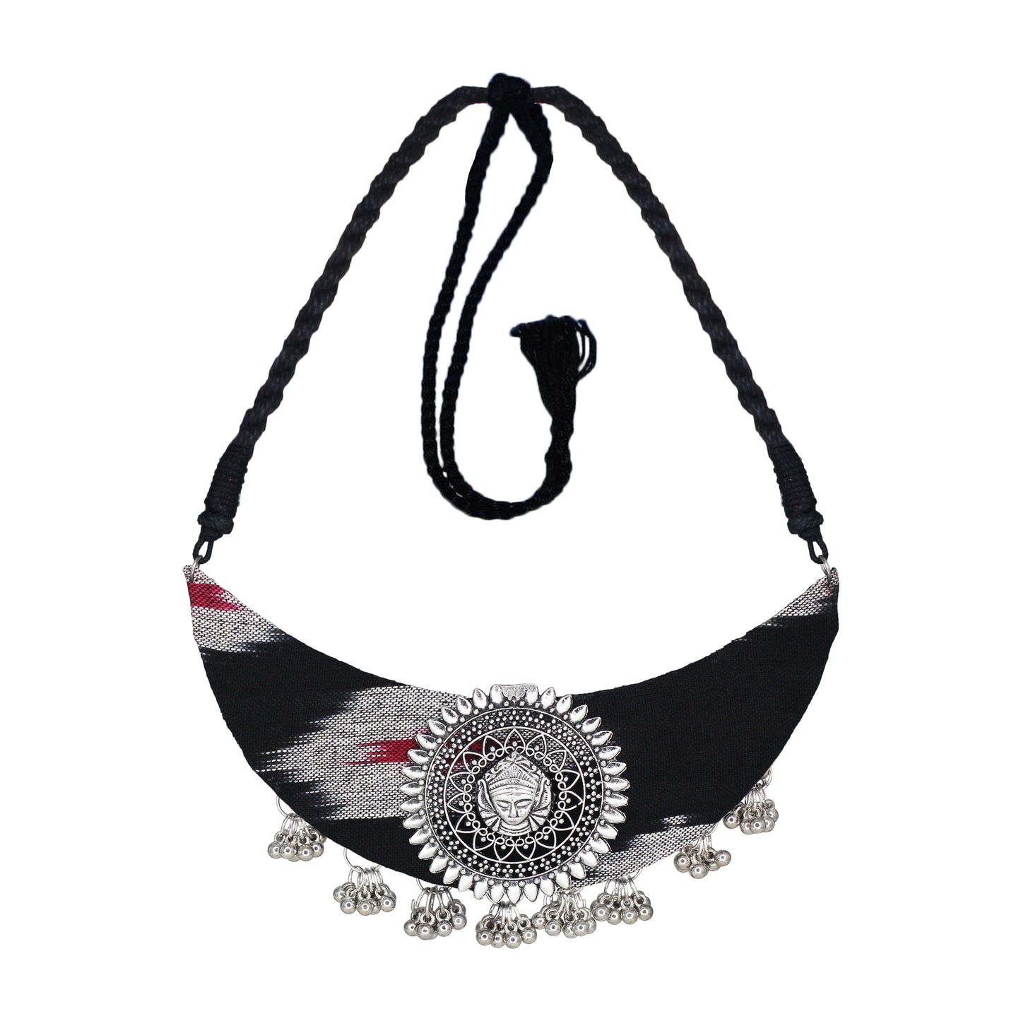Organic Vibes Handmade Black Ikat Printed Durga Fabric Necklace Set For Women