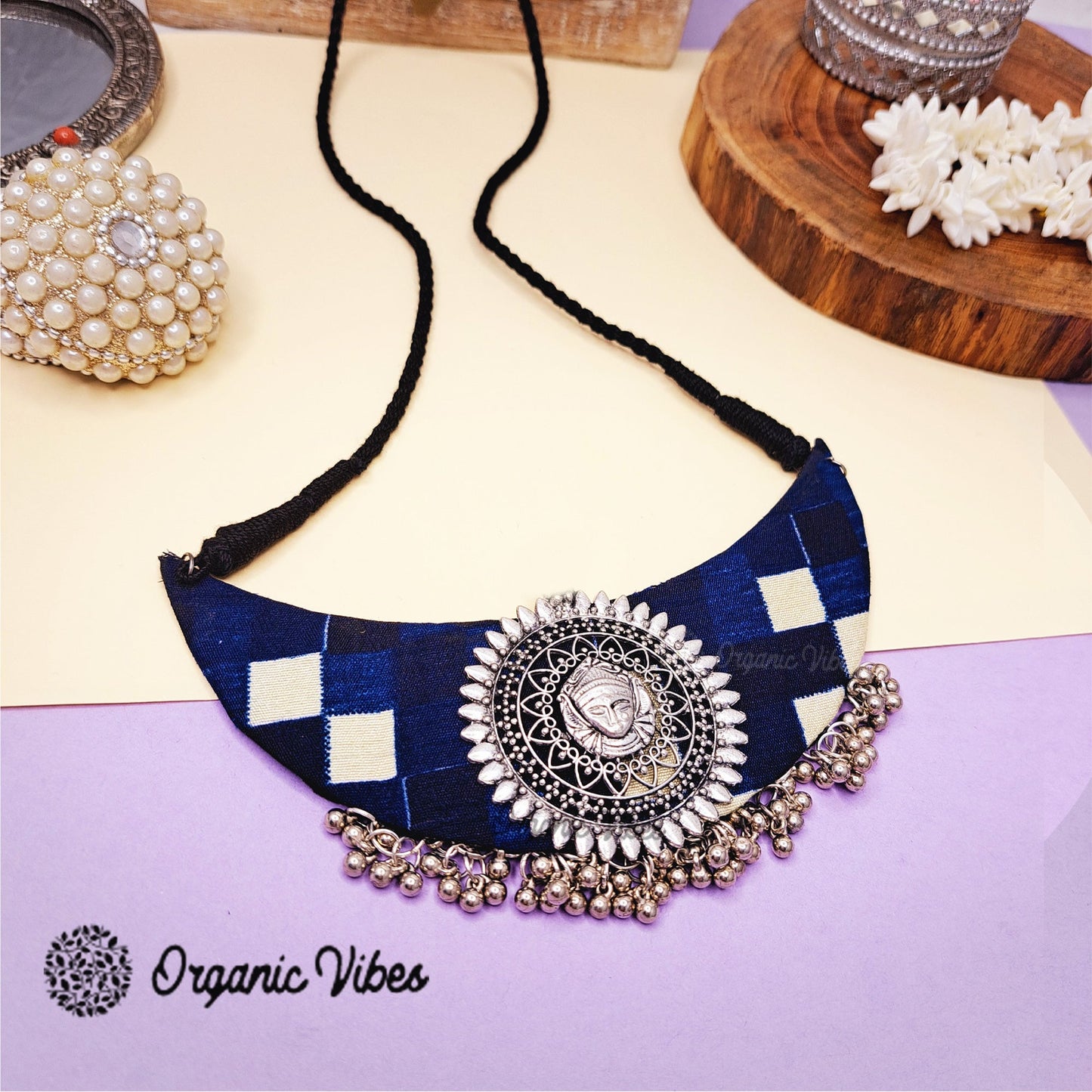 Organic Vibes Handmade Blue Block Printed Durga Fabric Necklace For Women