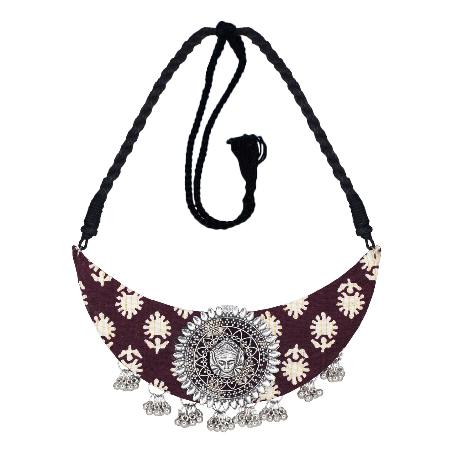 Organic Vibes Handmade Floral Hand Block Printed Brown Fabric Necklace Set For Women