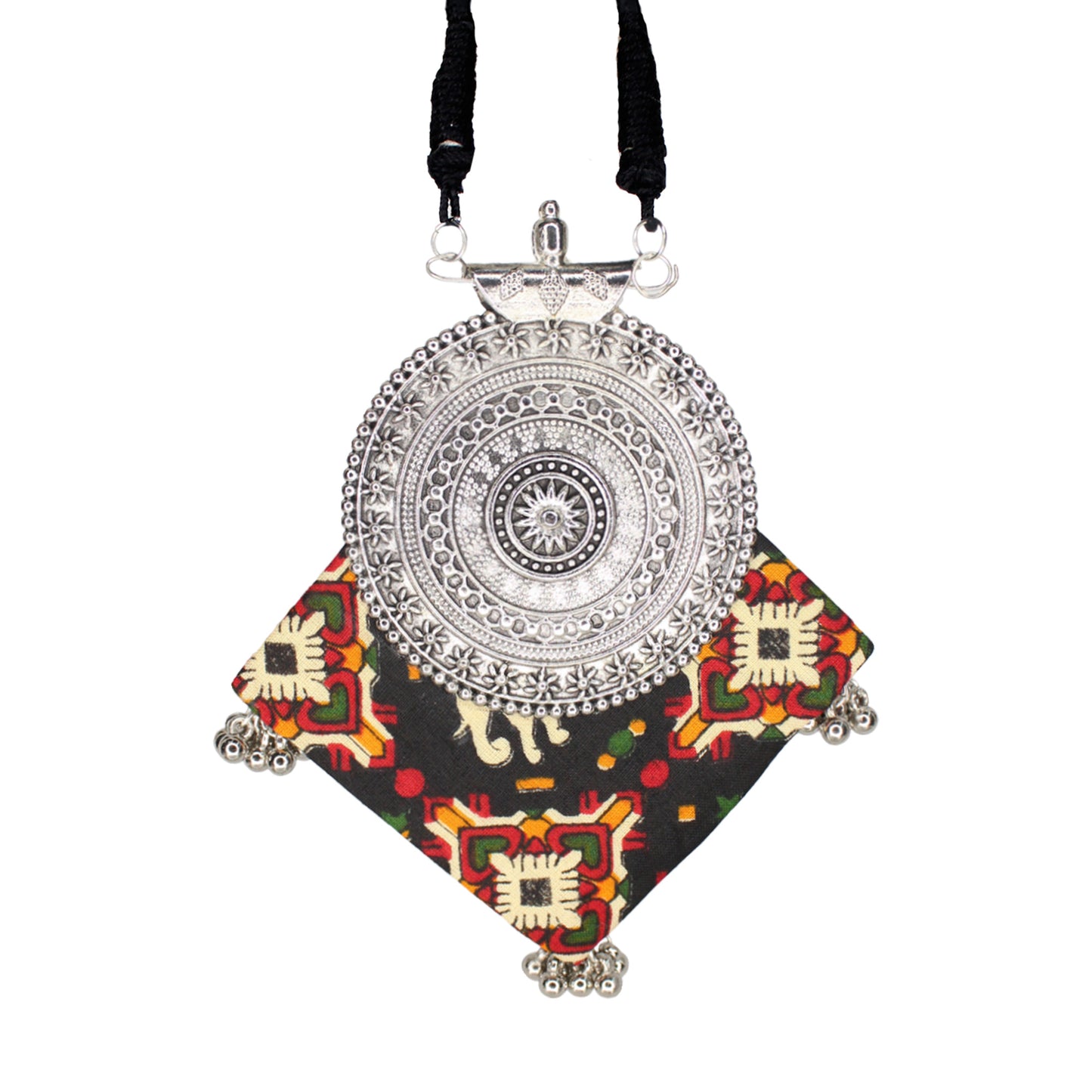 Organic Vibes Handmade Black Printed Temple Design Fabric Pendant Set For Women