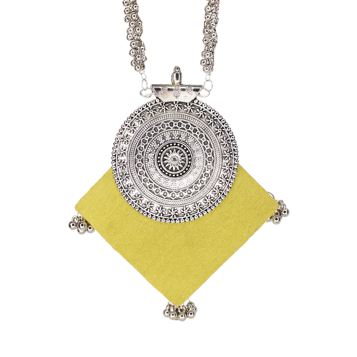 Organic Vibes Handmade Black Printed Temple Design Fabric Pendant For Women