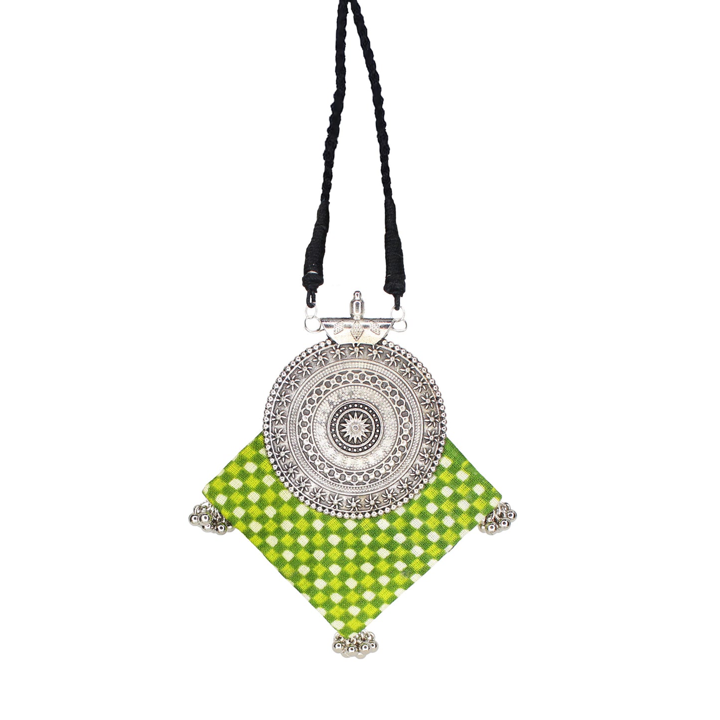 Organic Vibes Handmade Green Block Printed Temple Design Fabric Pendant For Women
