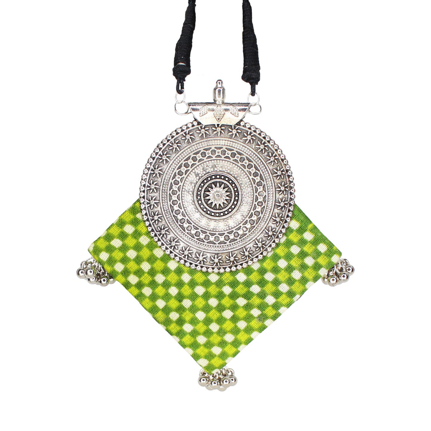 Organic Vibes Handmade Green Block Printed Temple Design Fabric Pendant For Women