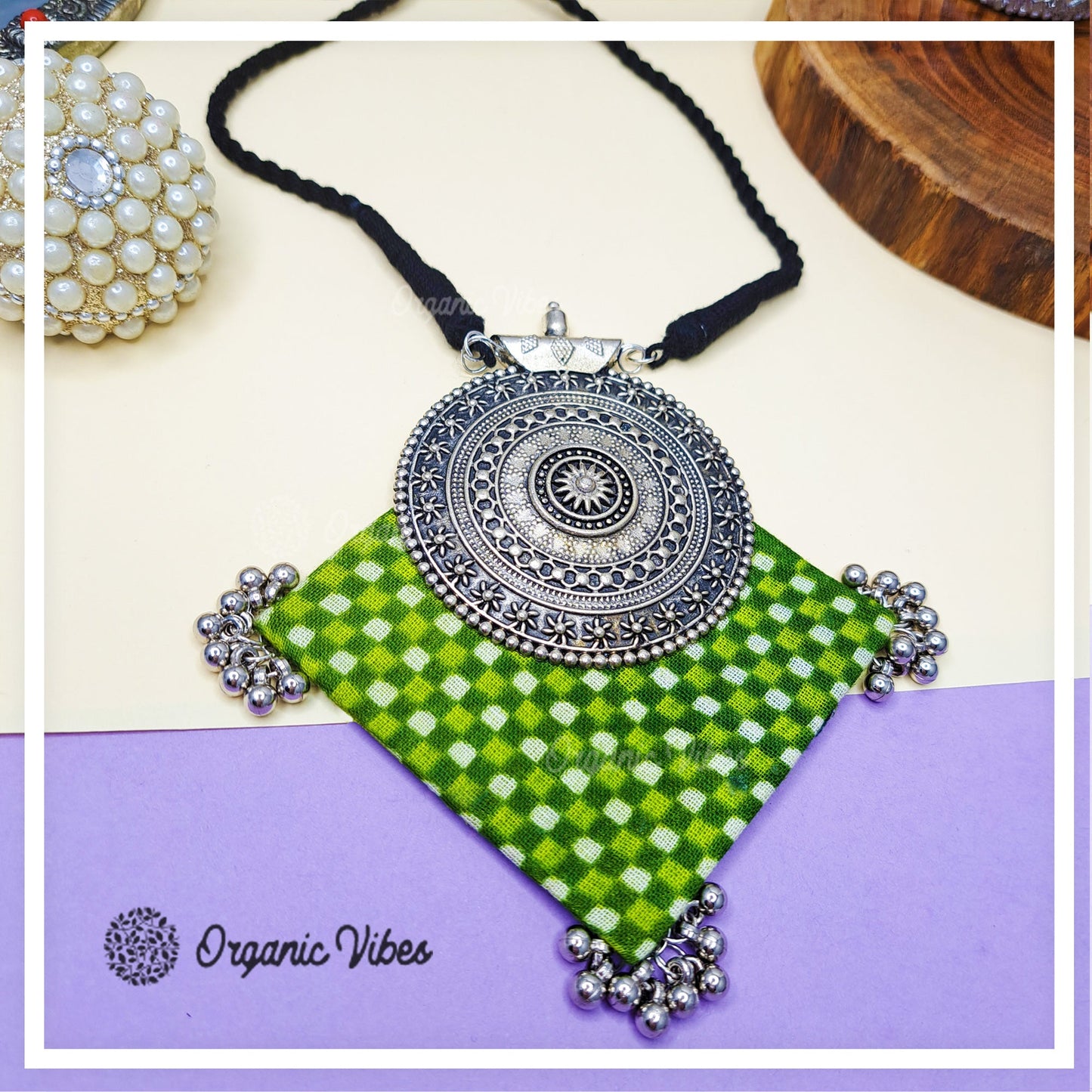Organic Vibes Handmade Green Block Printed Temple Design Fabric Pendant For Women