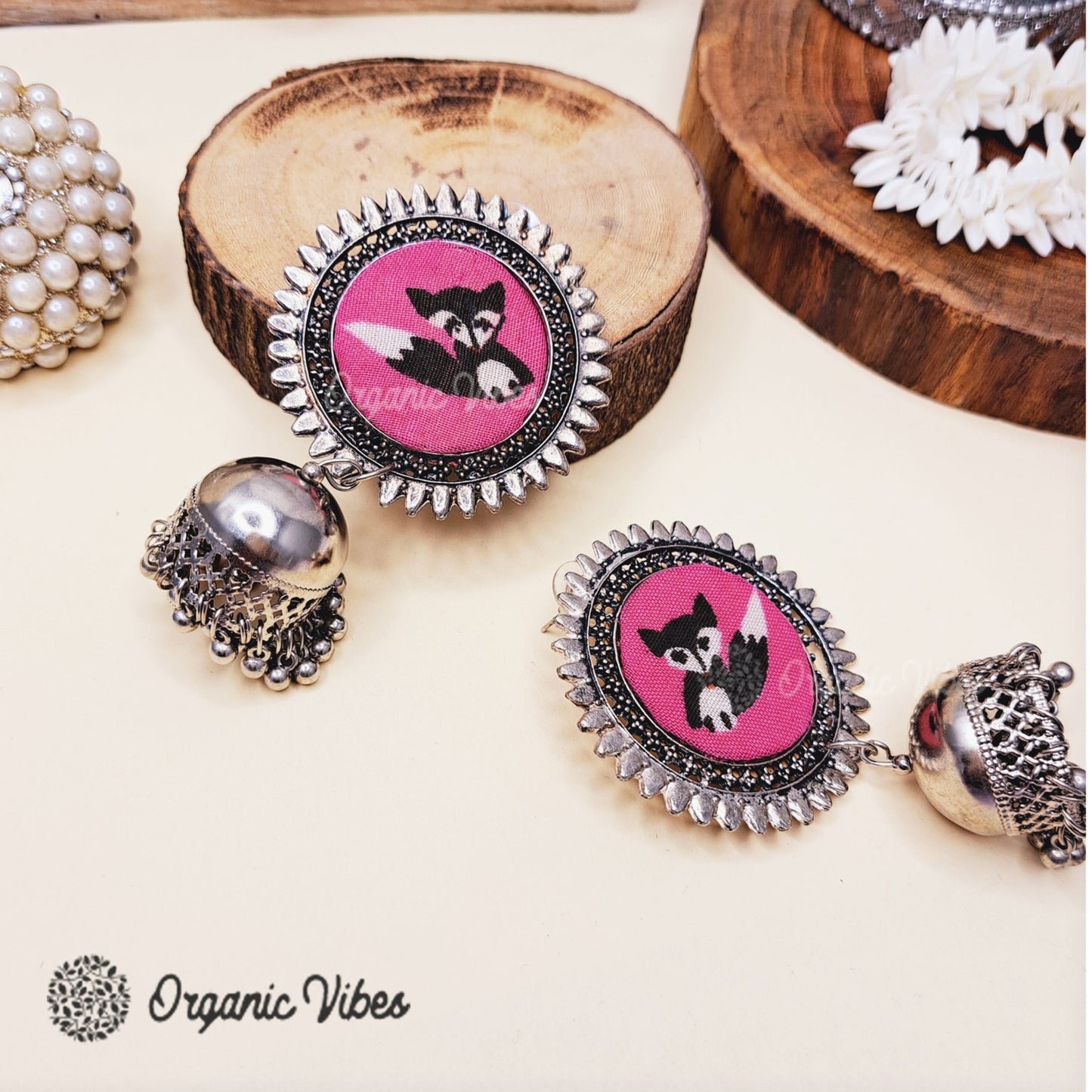 Organic Vibes Handmade Handmade Pink With Cat Printed Silver Jhumka Fabric Earrings For Women