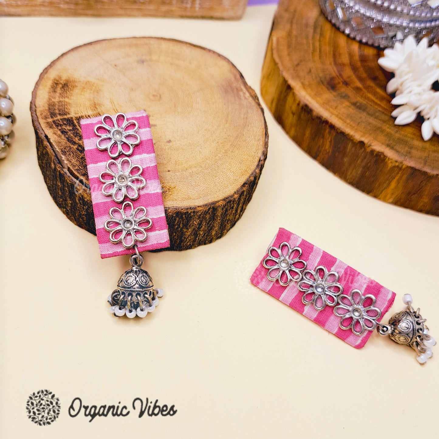 Organic Vibes Handmade Pink Floral design Jhumki Fabric Earrings For Women