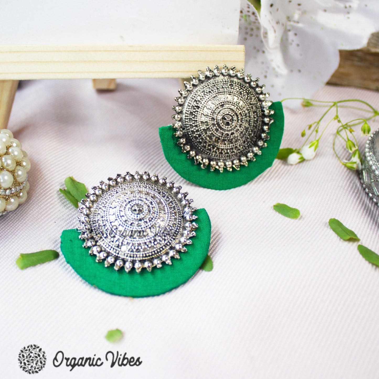 Organic Vibes Handmade Temple Design Green Big Stud Fabric Earrings For Women