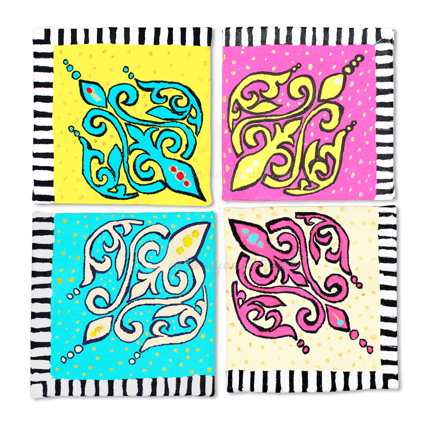 Neha Rajan Artworks Original Handmade Colorful Floral Series Hand Painted On Canvas Frame 4*4(Set of 4)