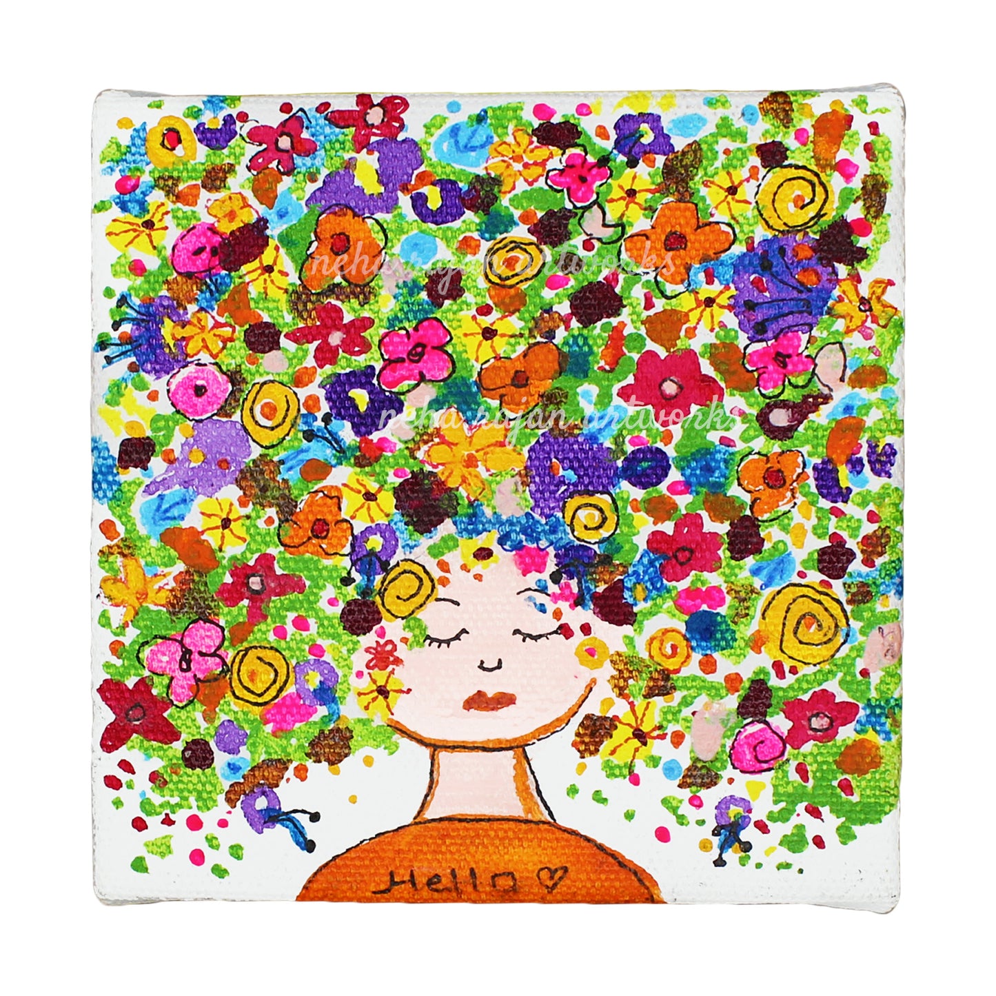 Neha Rajan Artworks Original Handmade Floral Girl Painting Hand Painted On Canvas Frame 4*4