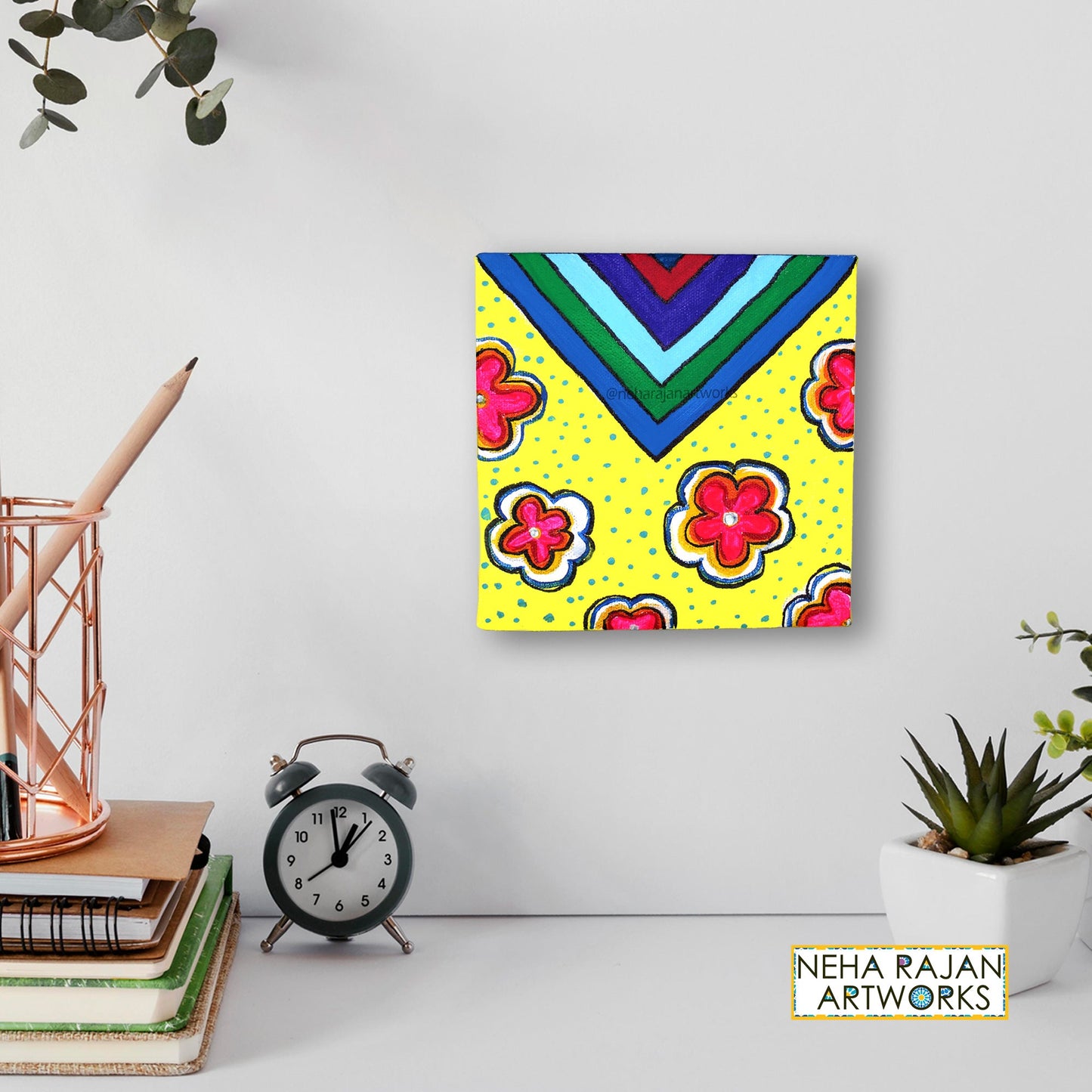 Neha Rajan Artworks Original Handmade Hippie Floral Retro Art Painting Hand Painted On Canvas Frame 6*6
