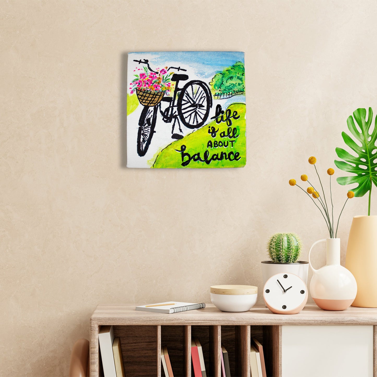 Neha Rajan Artworks Original Handmade Bicycle Floral Motivational Quote Painting Hand Painted On Canvas Frame 6*6