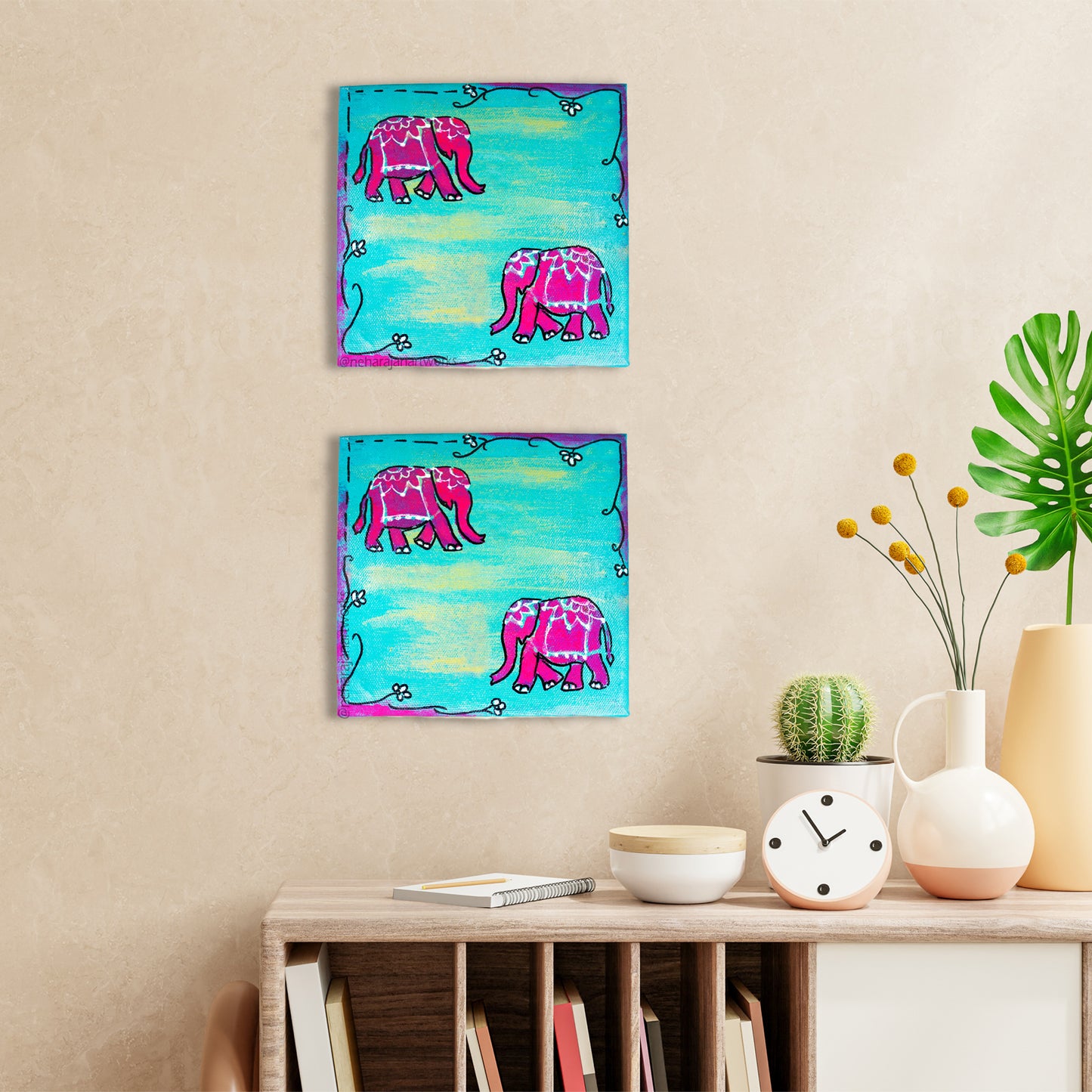 Neha Rajan Artworks Original Handmade Unique Elephant Painting Hand Painted On Canvas Frame 6*6
