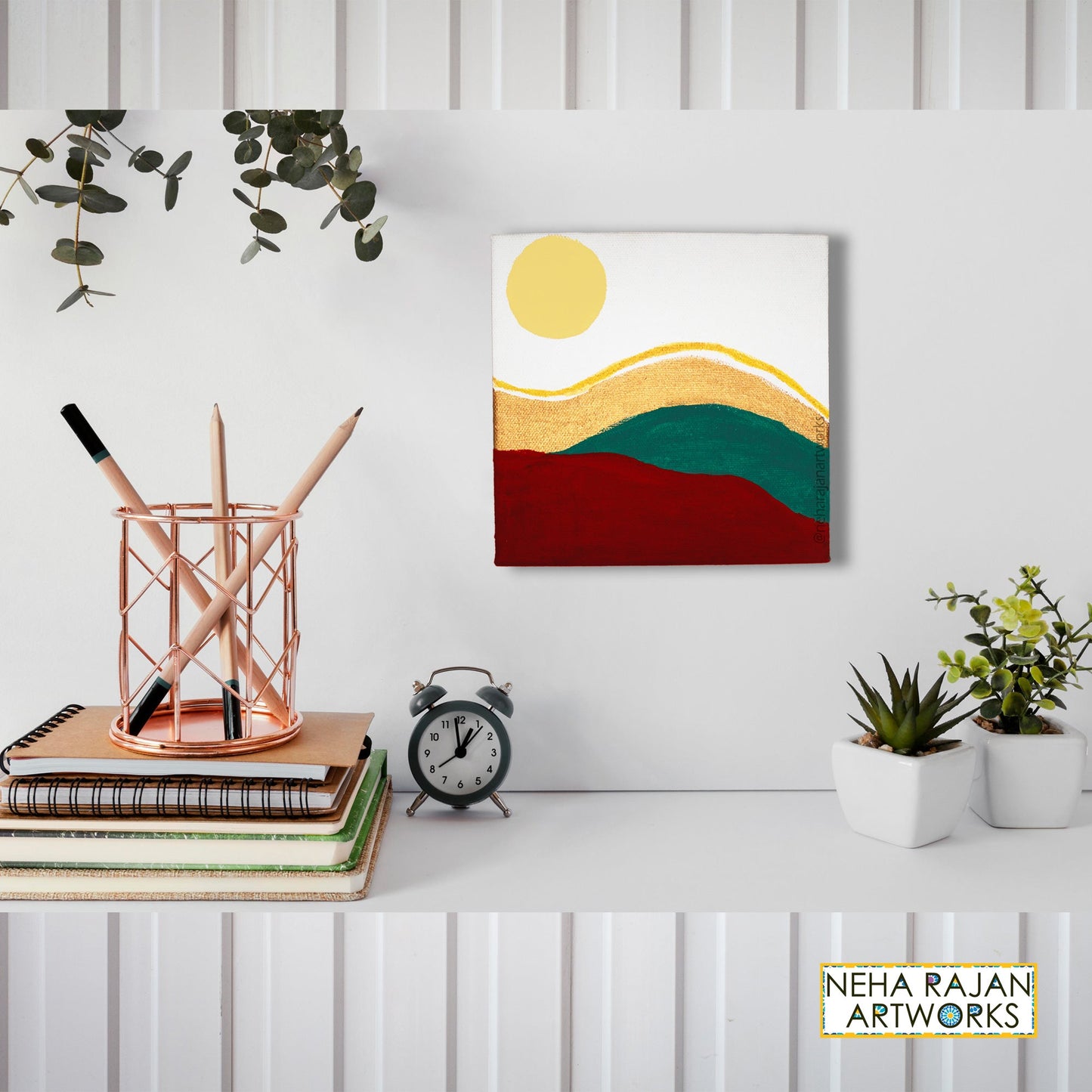 Neha Rajan Artworks Original Handmade Boho Hills Painting Hand Painted On Canvas Frame 6*6