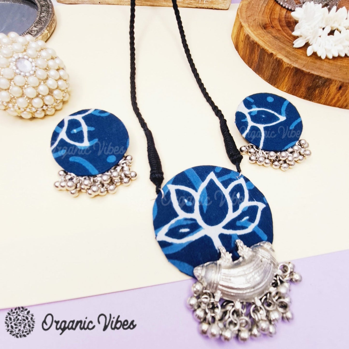 Organic Vibes Handmade Blue Indigo Lotus Printed Fabric Pendant Set For Women