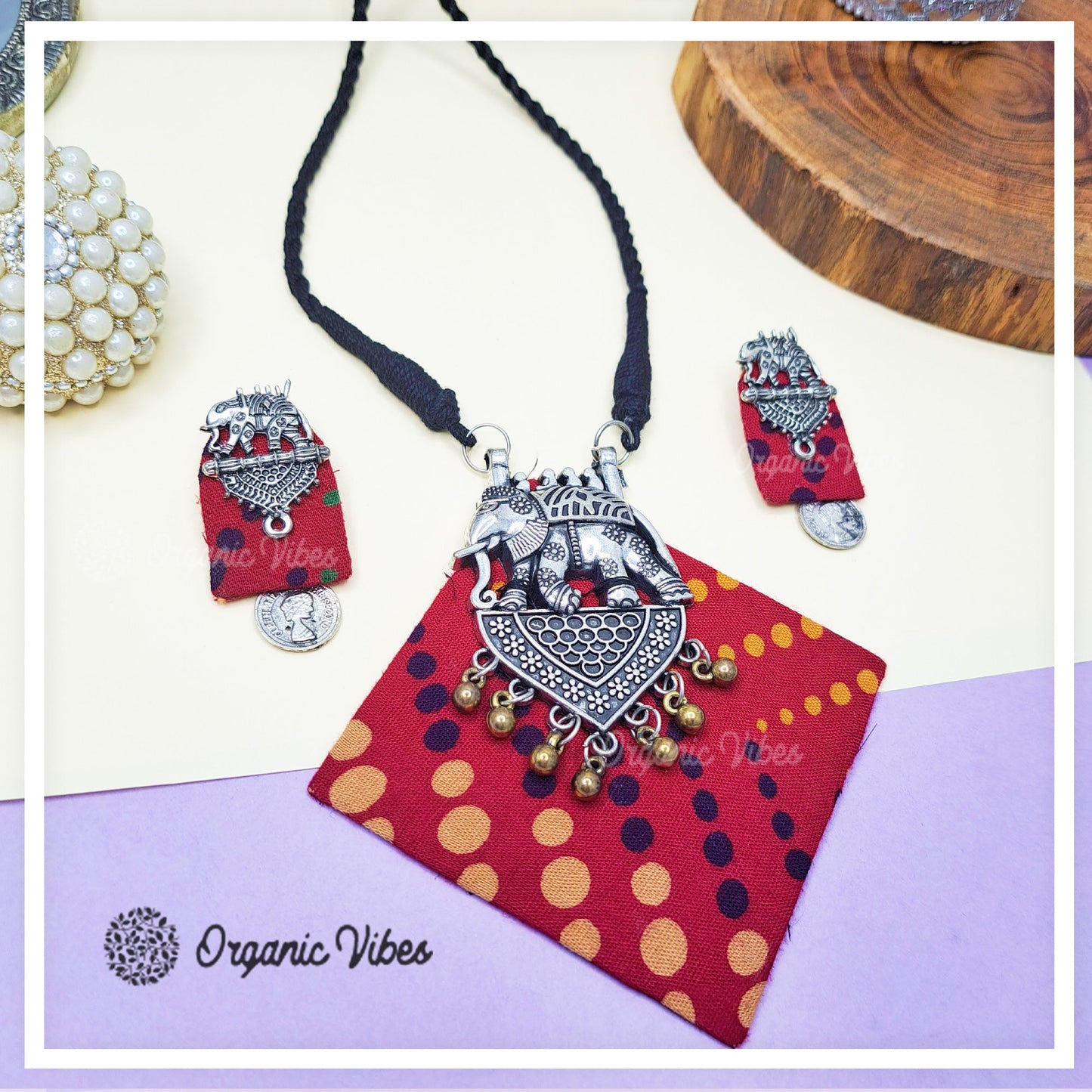 Organic Vibes Handmade Elephant Design Red Fabric Pendant Set For Women