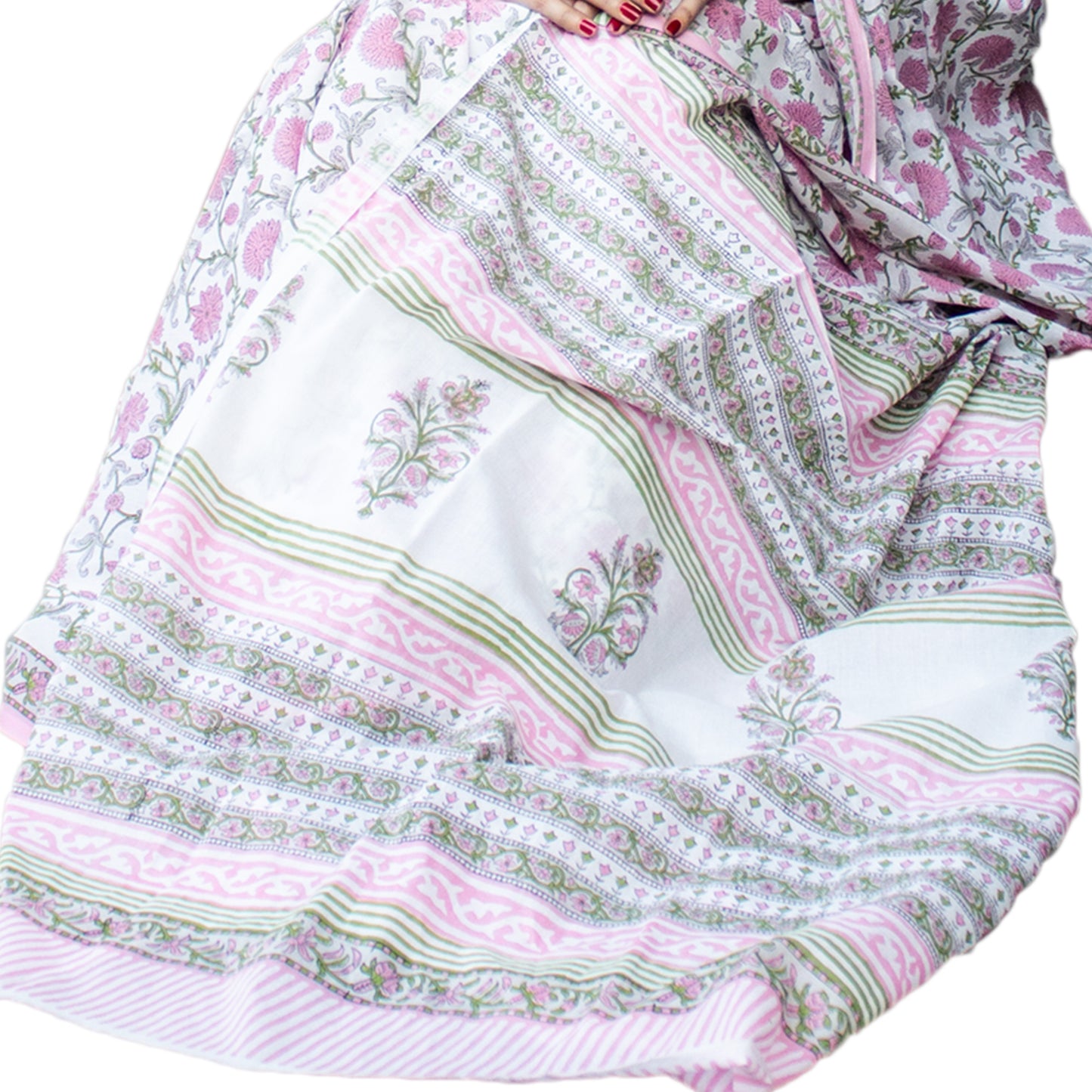 Organic Vibes Handblock Printed Mulmul Cotton Saree White Floral Sanganeri Organic Vibes