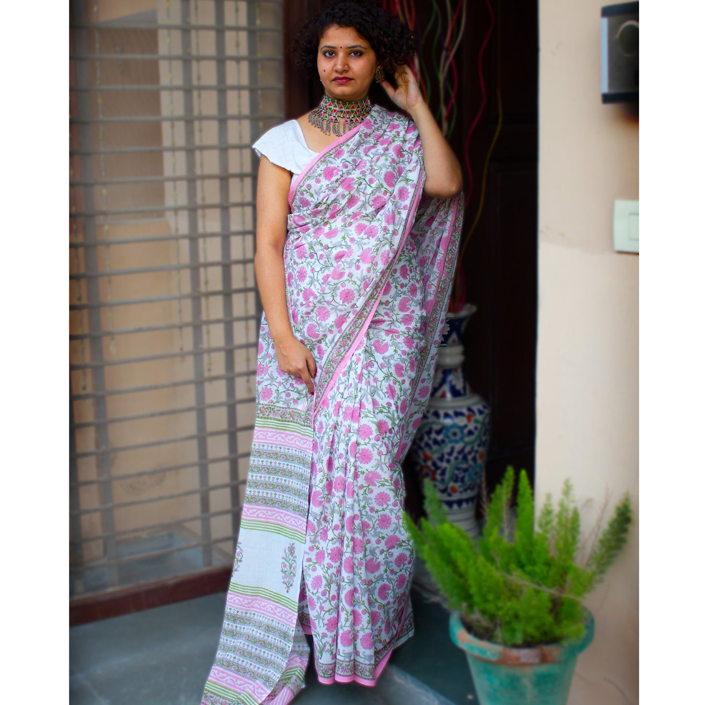 Organic Vibes Handblock Printed Mulmul Cotton Saree White Floral Sanganeri Organic Vibes
