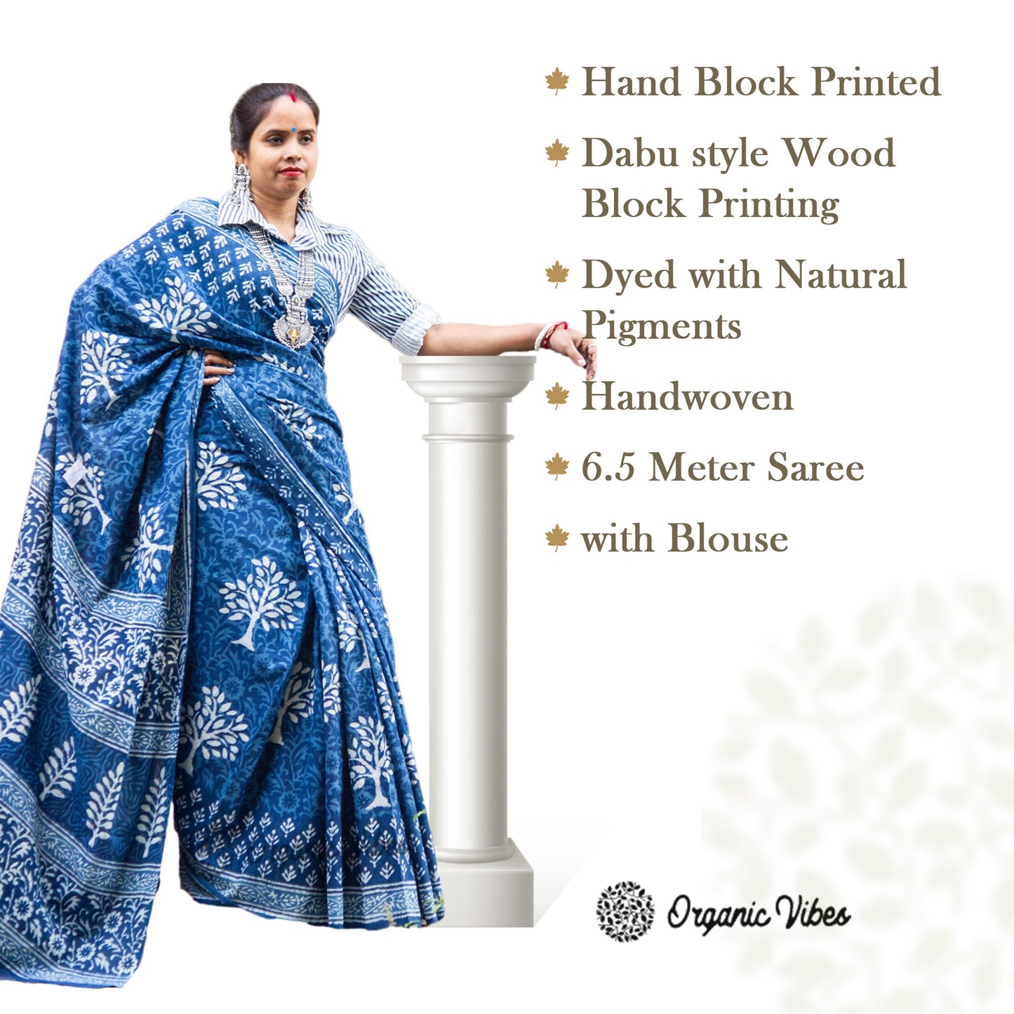 Organic Vibes Indigo Blue Handblock Printed Mulmul Cotton Saree with Dabu Tree Design