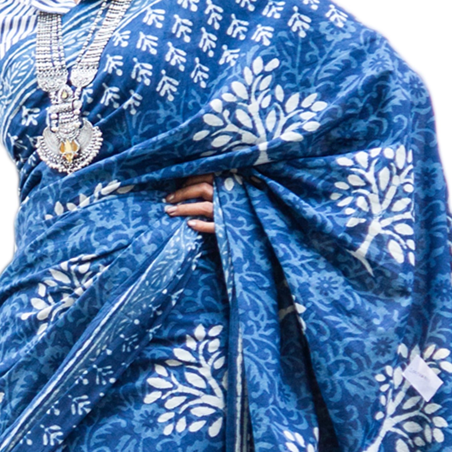 Organic Vibes Indigo Blue Handblock Printed Mulmul Cotton Saree with Dabu Tree Design