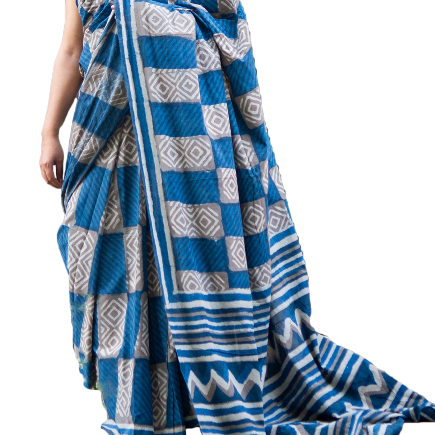 Organic Vibes Blue Grey Indigo Handblock Printed Mulmul Cotton Saree with Grey Checks