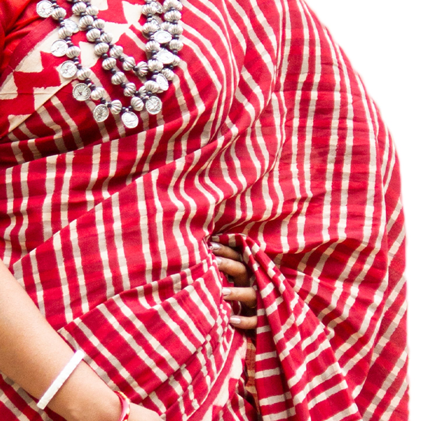 Organic Vibes Red White check Handblock Printed Mulmul Cotton Saree