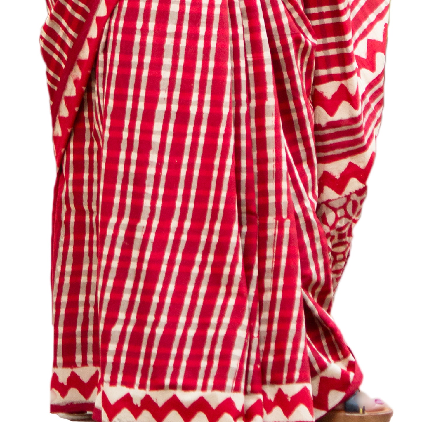 Organic Vibes Red White check Handblock Printed Mulmul Cotton Saree