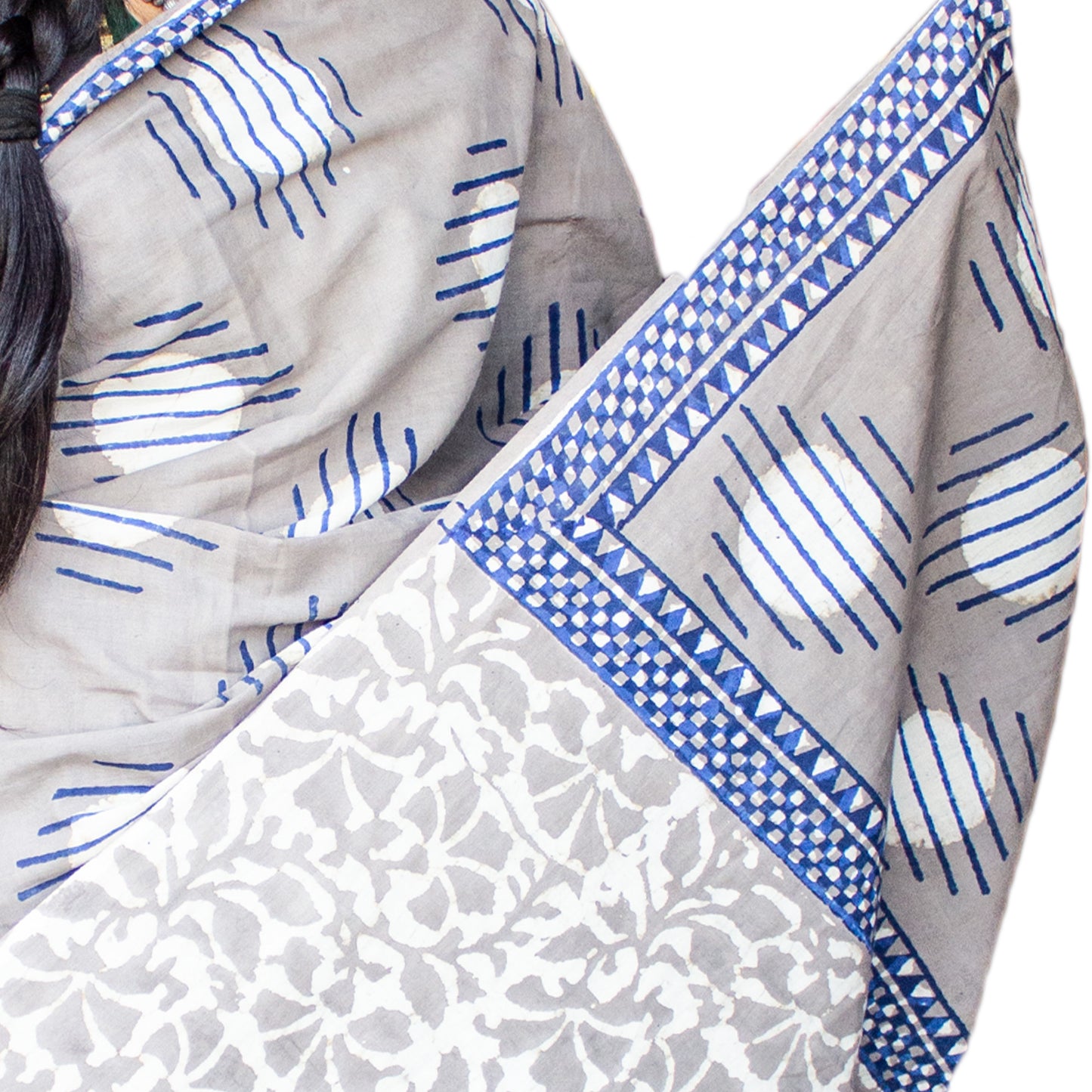 Organic Vibes Grey Handblock Printed Mulmul Cotton Saree with Triple Layered Moon Prints