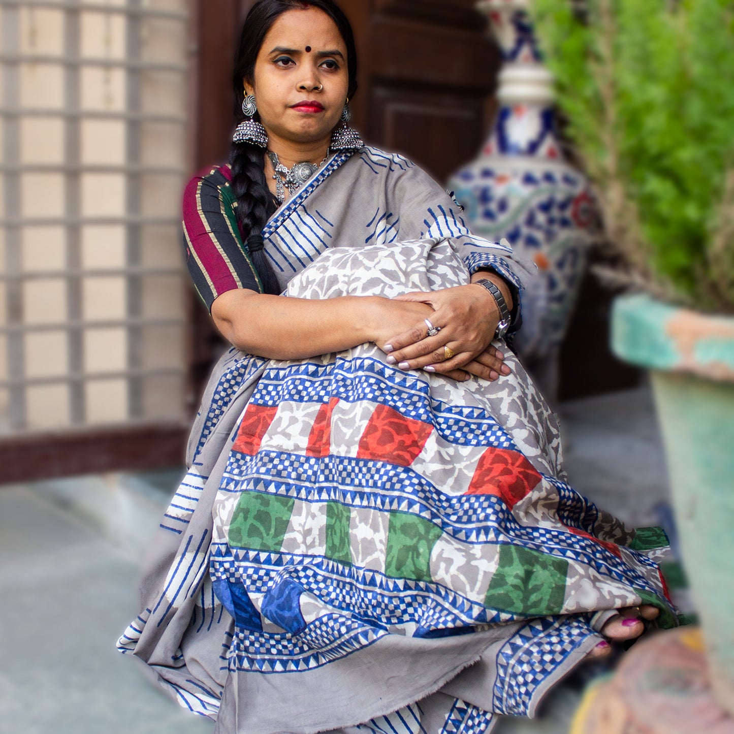 Organic Vibes Grey Handblock Printed Mulmul Cotton Saree with Triple Layered Moon Prints