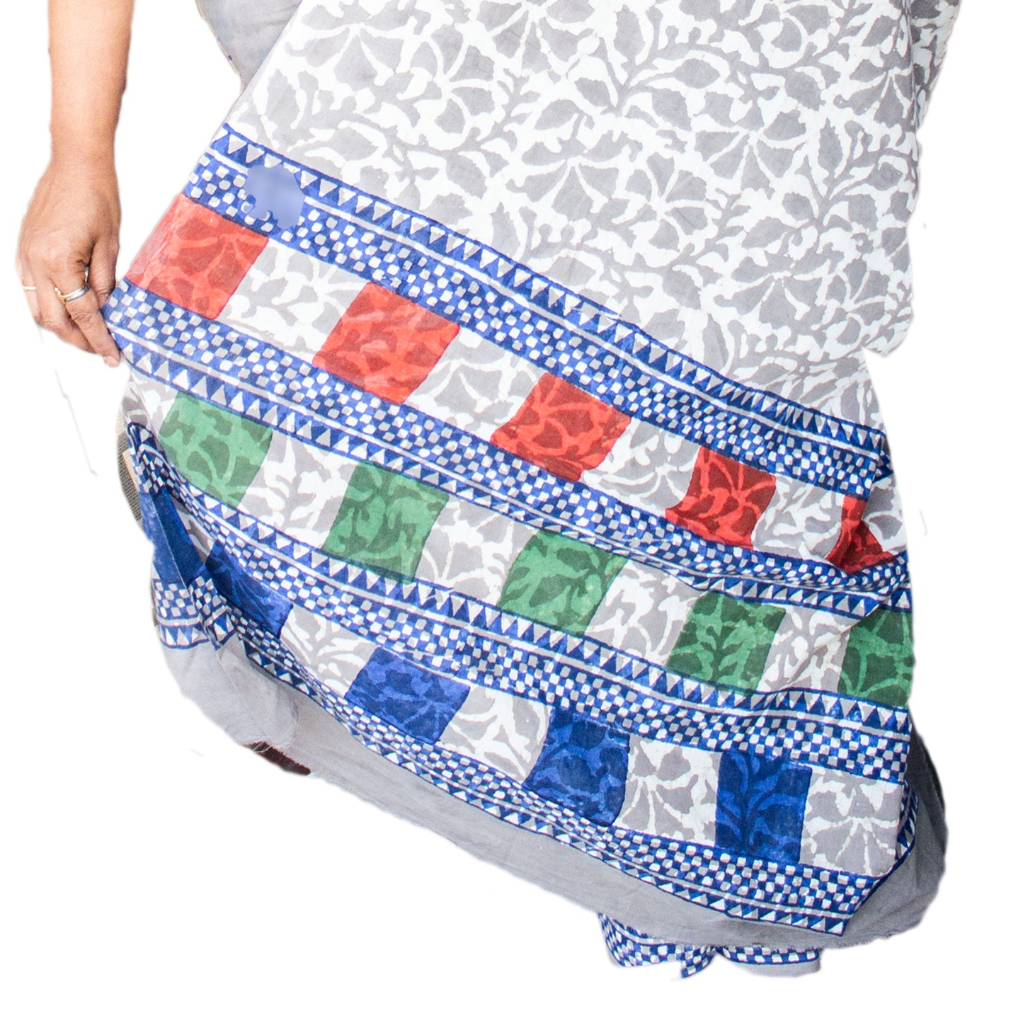 Organic Vibes Grey Handblock Printed Mulmul Cotton Saree with Triple Layered Moon Prints