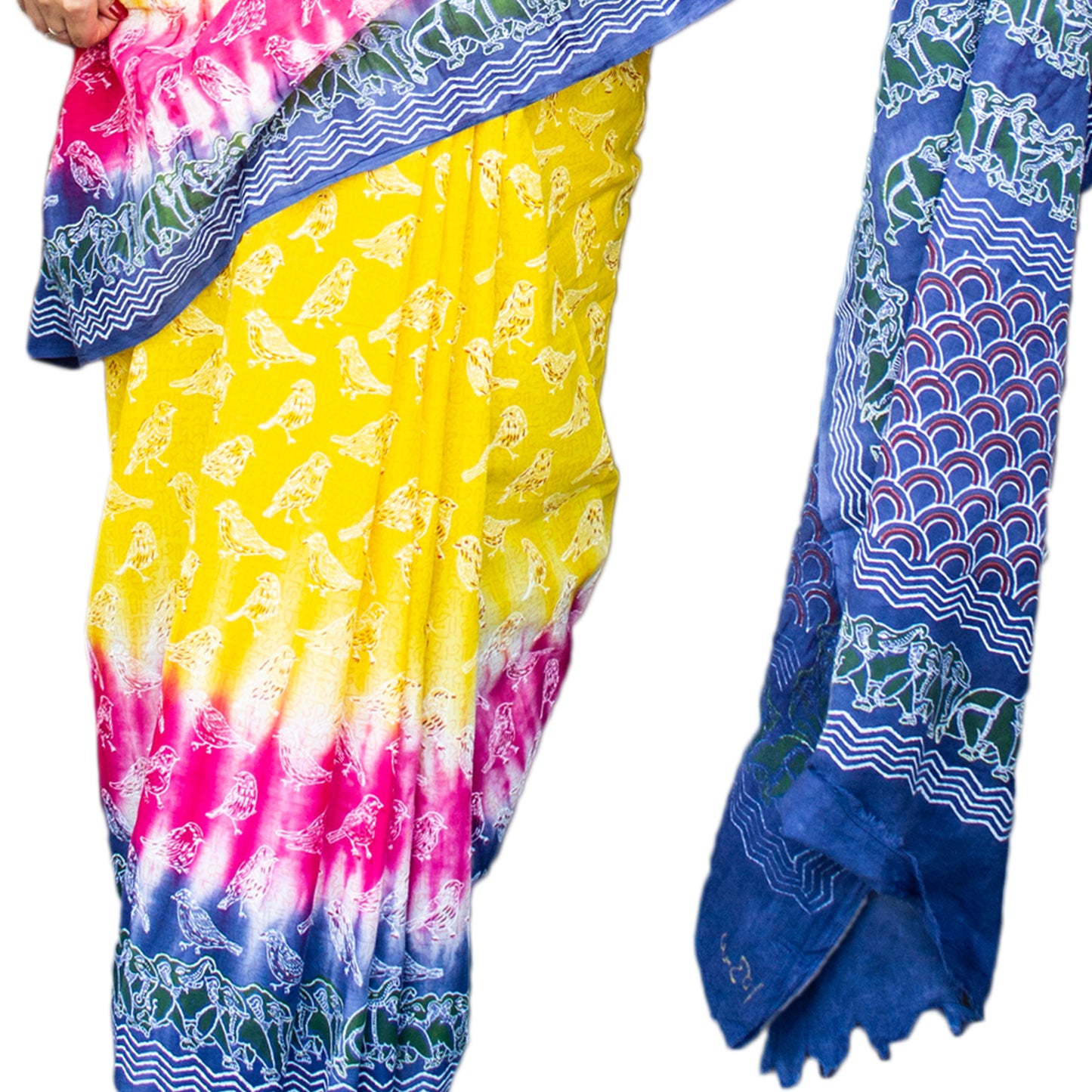 Organic Vibes Multi color Handblock Printed Mulmul Cotton Saree with Sparrow Calligraphy