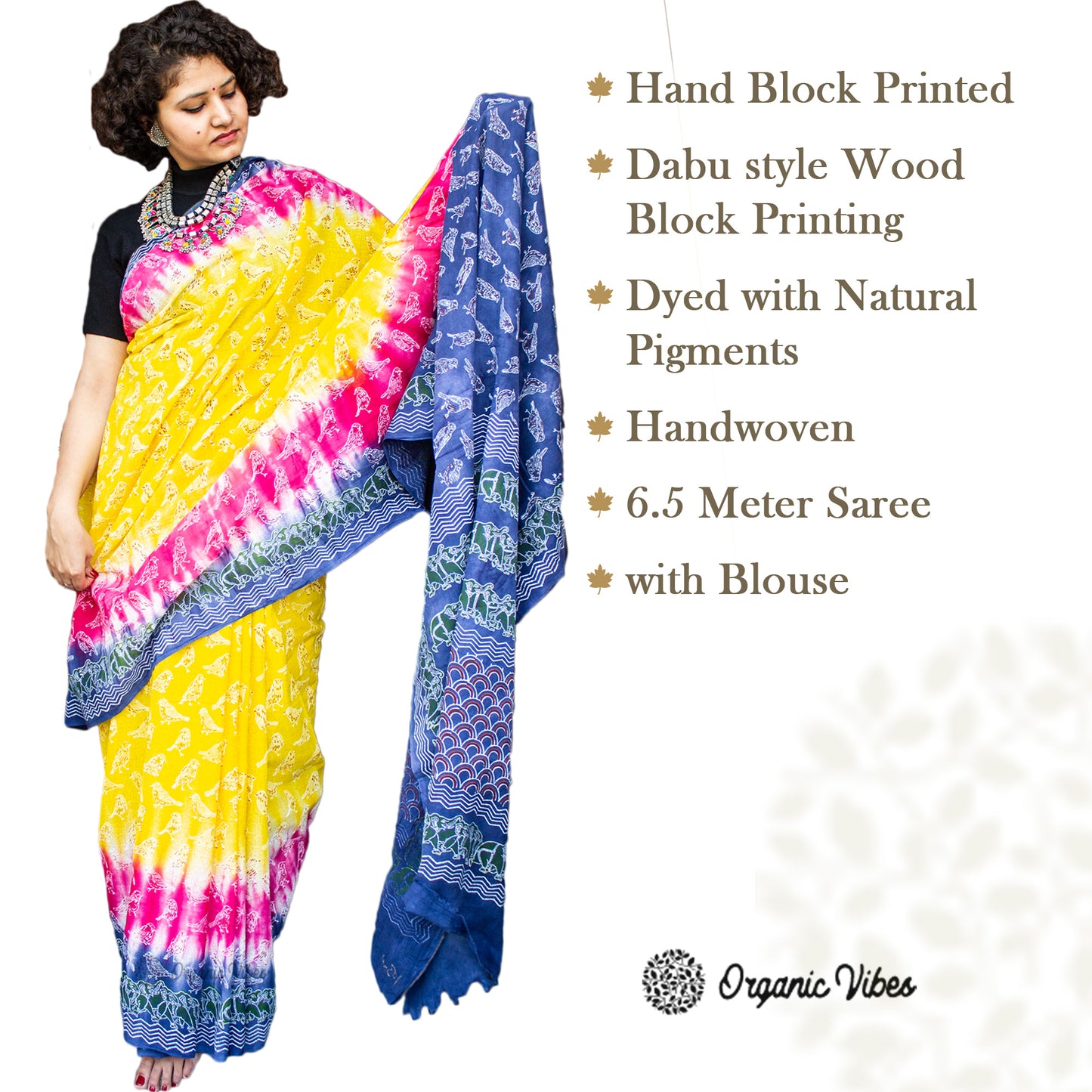 Organic Vibes Multi color Handblock Printed Mulmul Cotton Saree with Sparrow Calligraphy