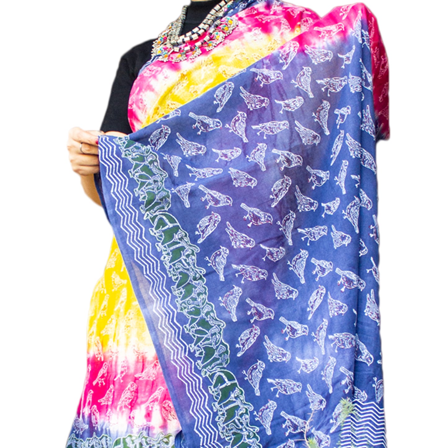 Organic Vibes Multi color Handblock Printed Mulmul Cotton Saree with Sparrow Calligraphy