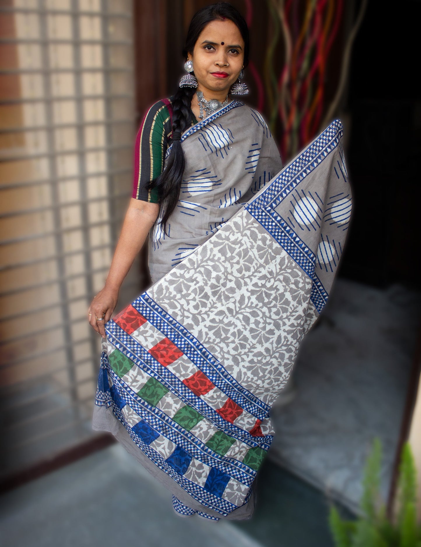 Organic Vibes Grey Handblock Printed Mulmul Cotton Saree with Triple Layered Moon Prints