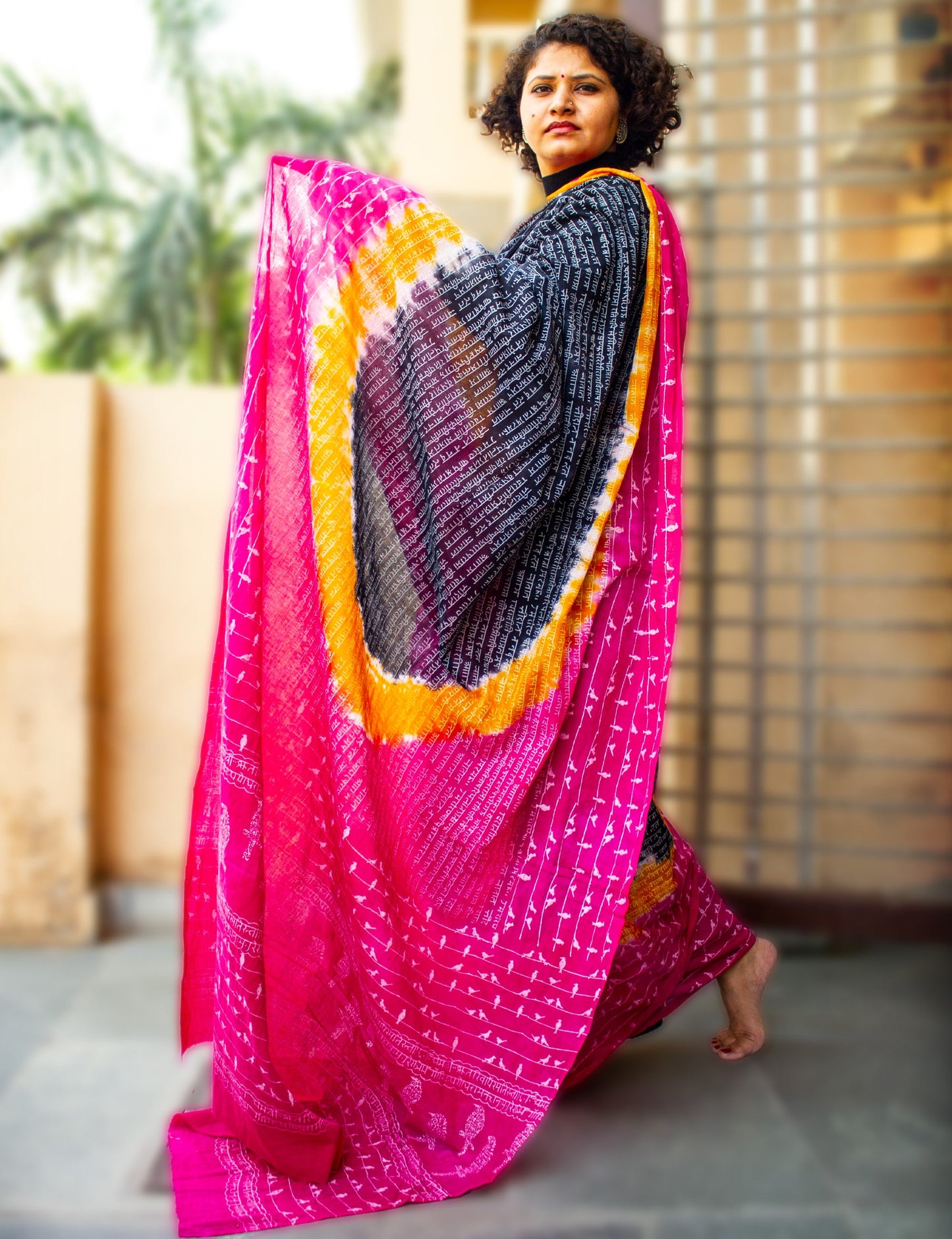 Organic Vibes Pink Black Calligraphy Multi-color Handblock Printed Mulmul Cotton Saree