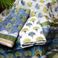 Organic Vibes Green Blue Floral Chanderi Silk Hand Block Printed Kurta Set  Unstitched Fabric with Dupatta