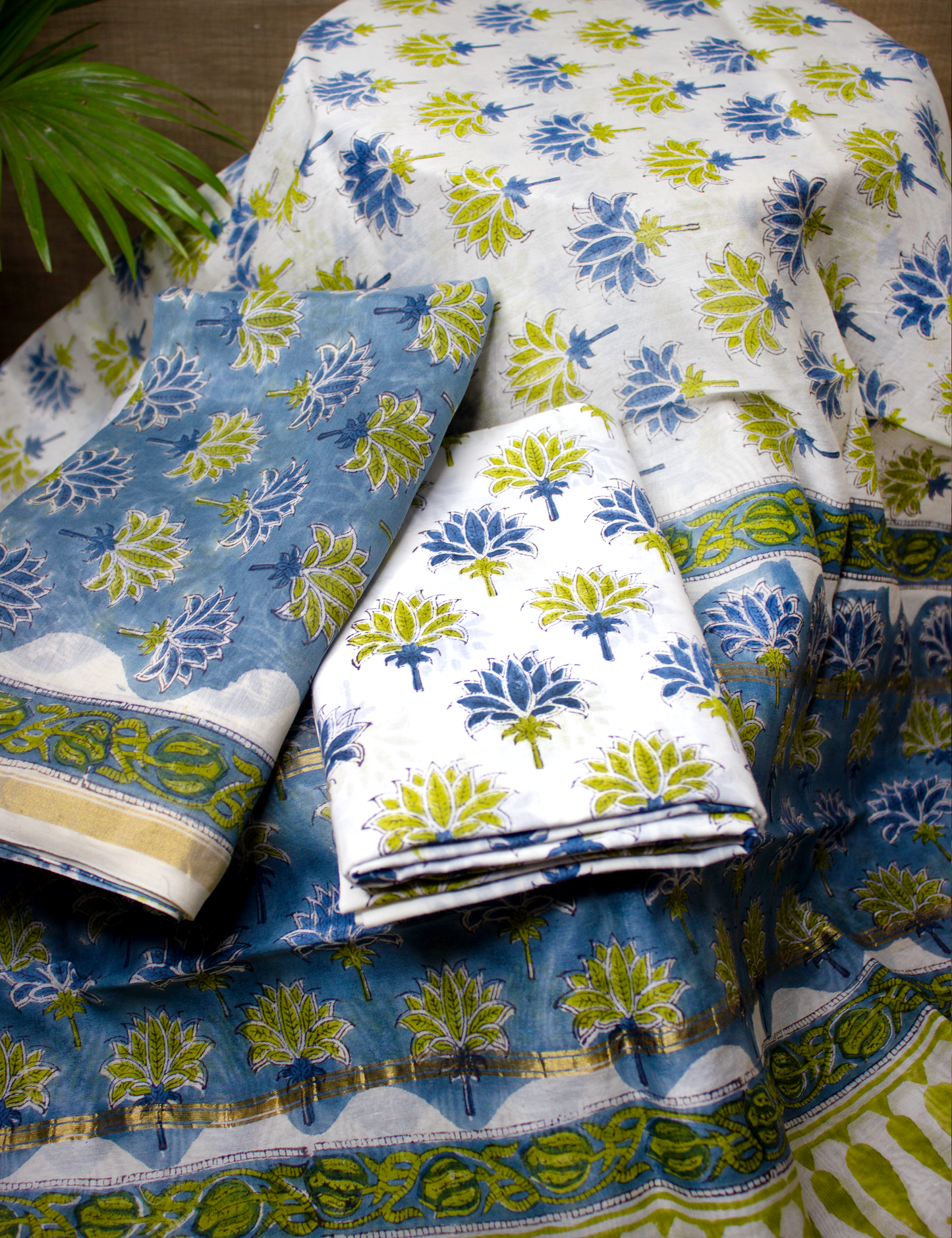 Organic Vibes Green Blue Floral Chanderi Silk Hand Block Printed Kurta Set Unstitched Fabric with Dupatta