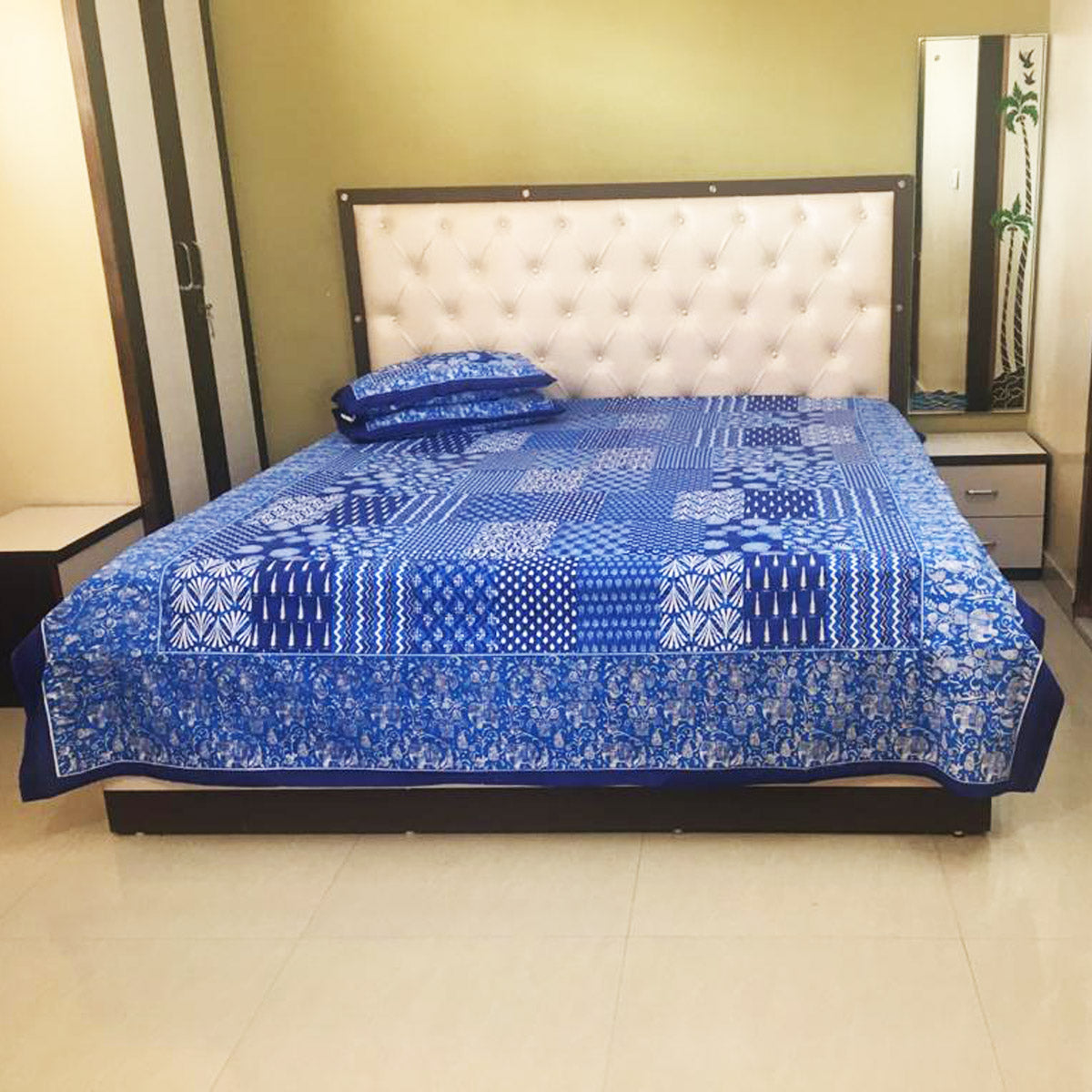 Latest Blue Floral Handblock Printed Bed Cover with Pillows