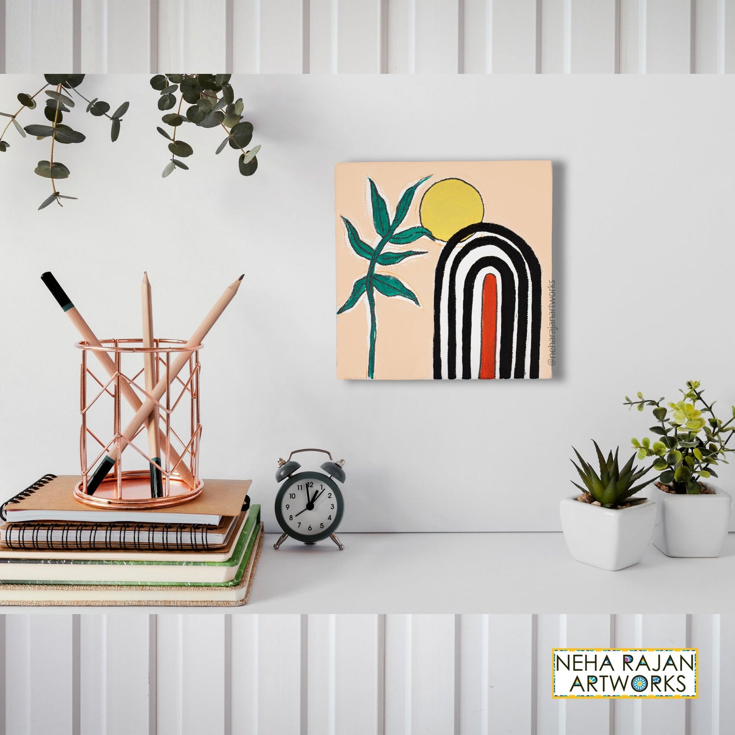 Neha Rajan Artworks Original Handmade Boho Plant Painting Hand Painted On Canvas Frame 6*6