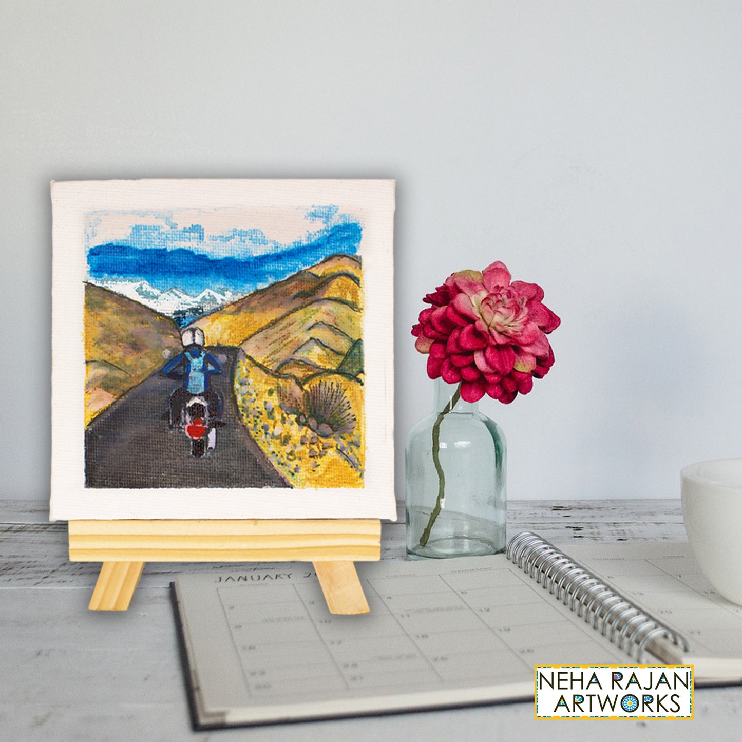 Neha Rajan Artworks Original Handmade Travel Female Biker Painting Hand Painted On Canvas Frame 4x4 With Easel